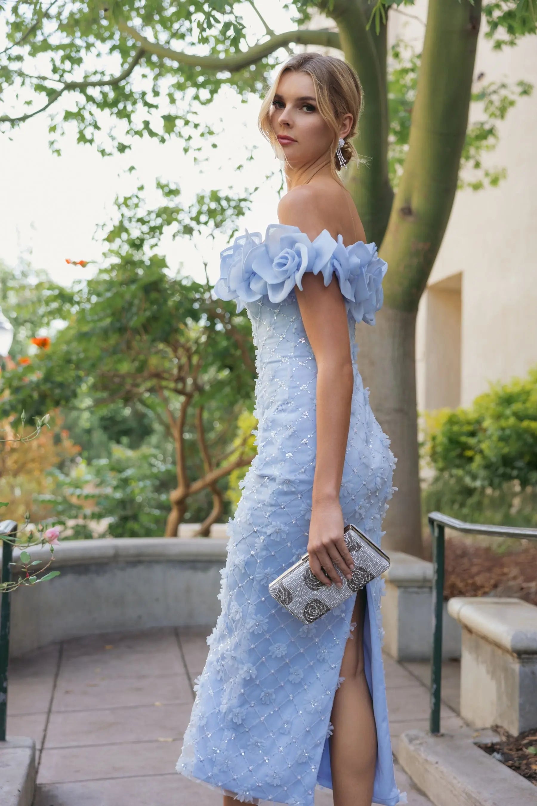 Blue Off The Shoulder Embellished Dress With 3D Flower Detail-Myartka