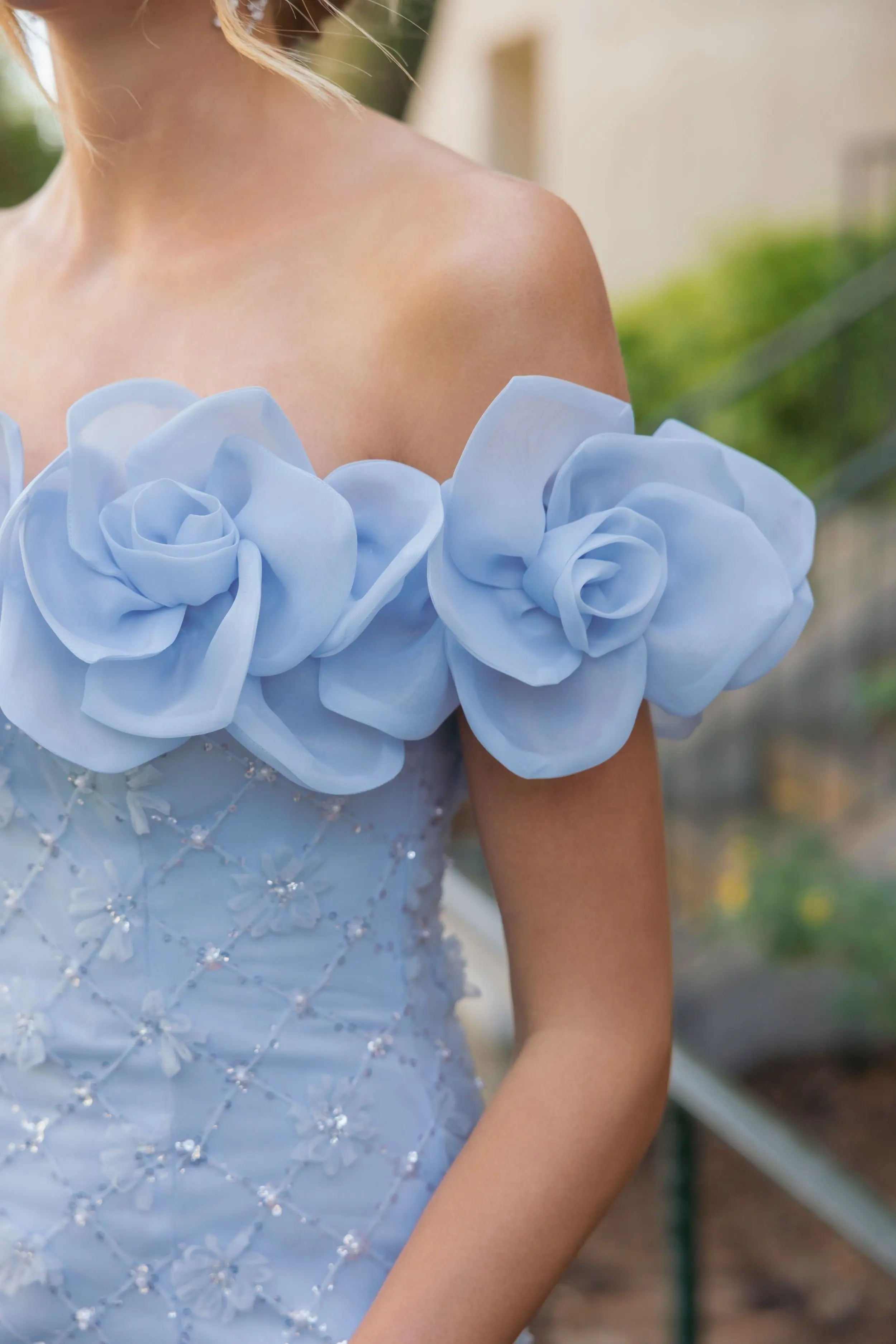 Blue Off The Shoulder Embellished Dress With 3D Flower Detail-Myartka