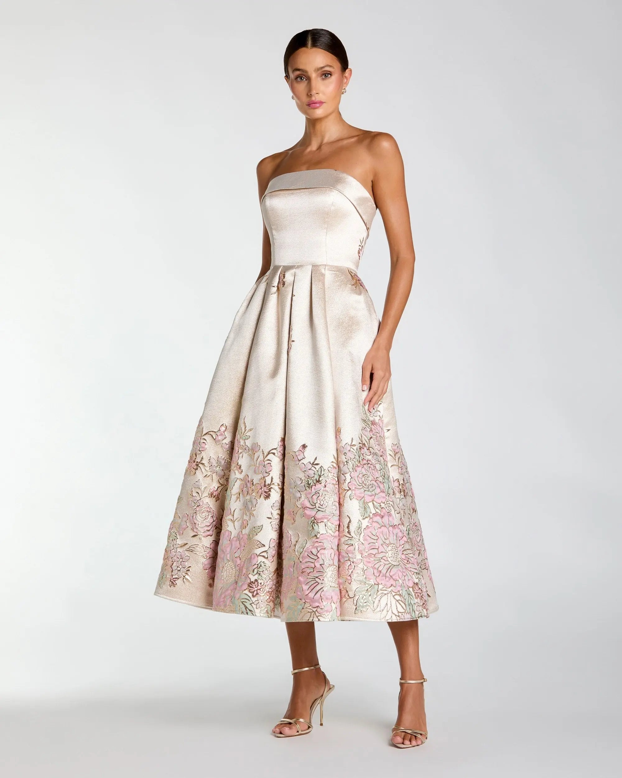 Ivory Strapless Brocade A Line Midi Dress-Myartka