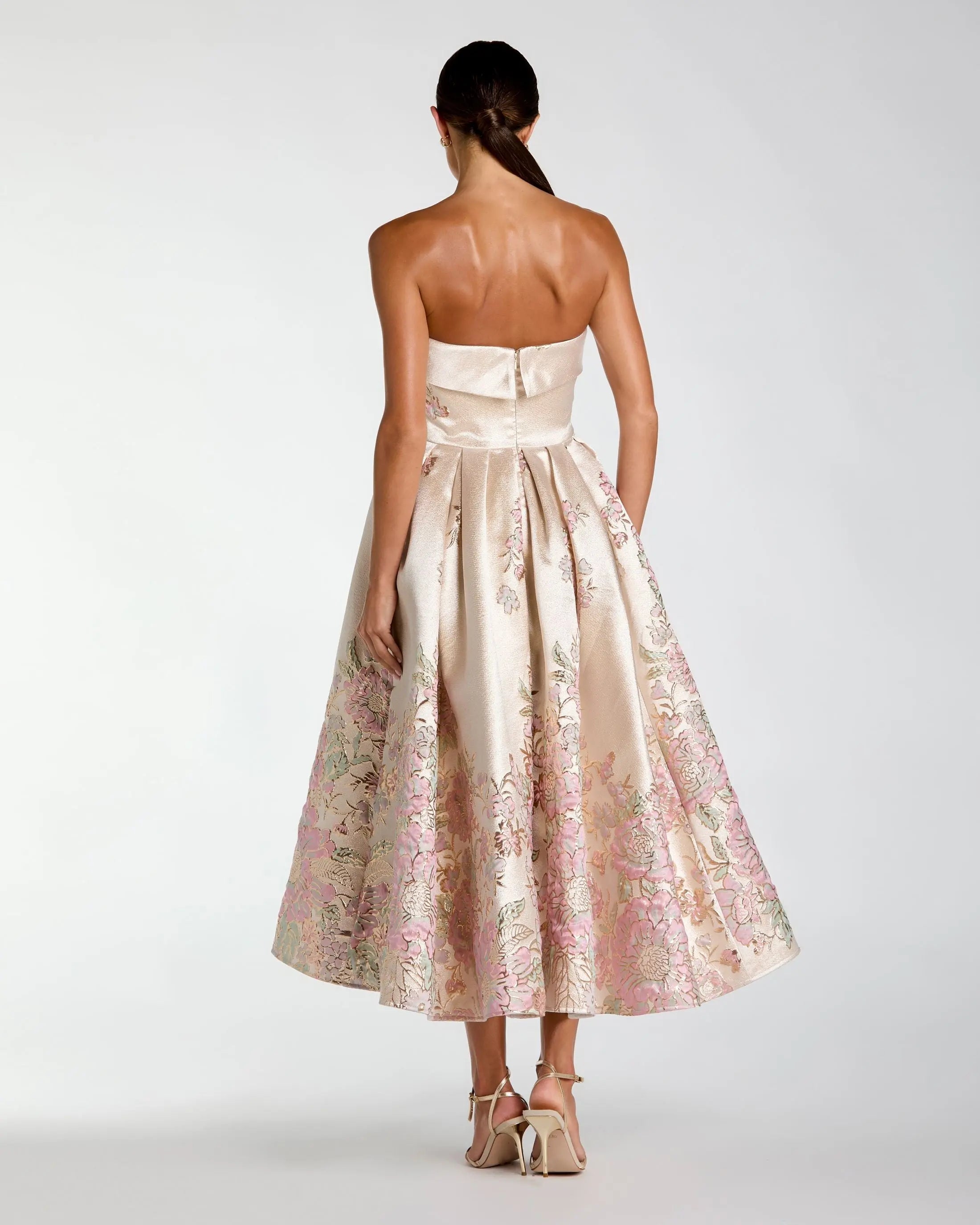 Ivory Strapless Brocade A Line Midi Dress-Myartka