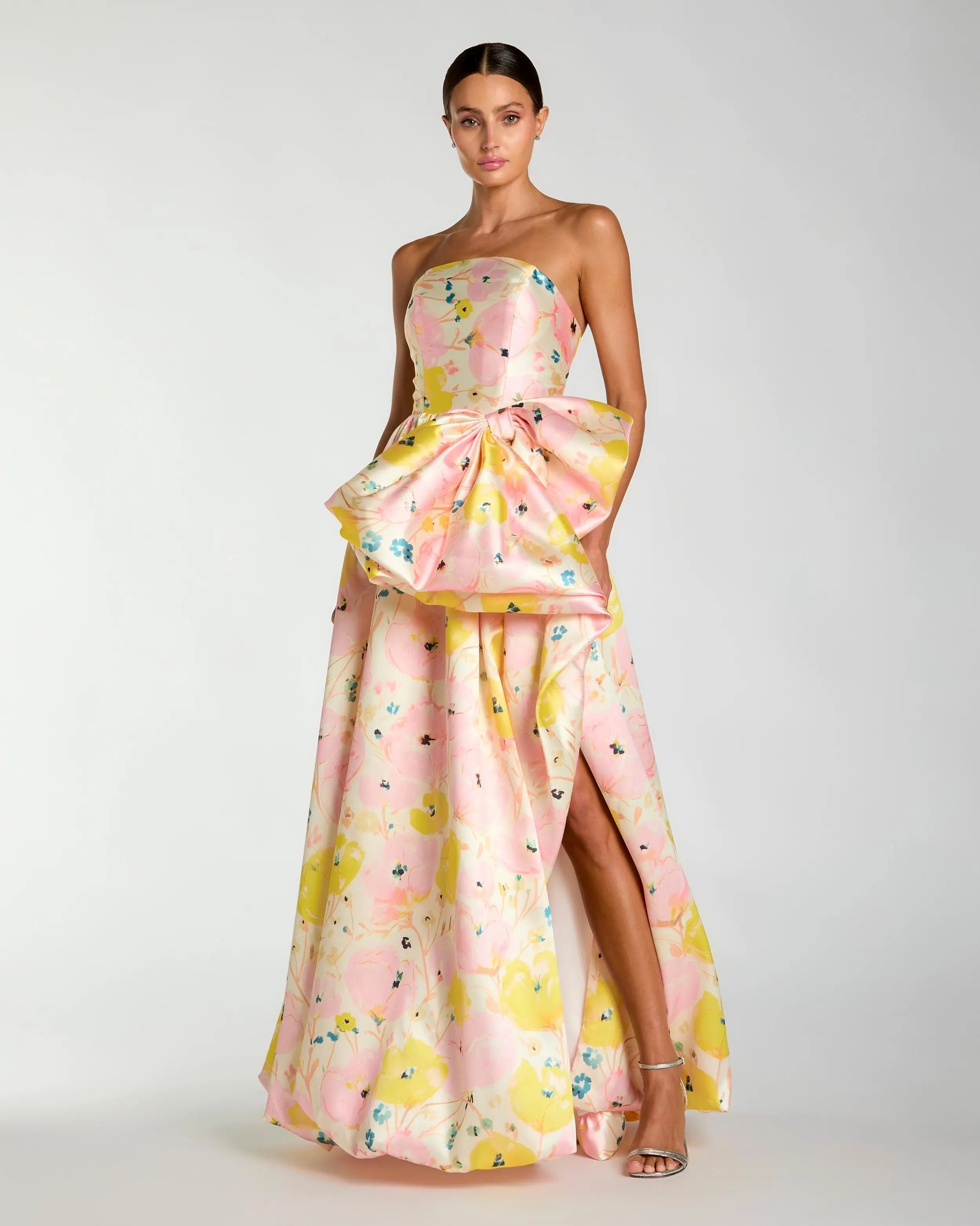 Pink Floral Strapless Bow High Slit Ball Gown-Myartka