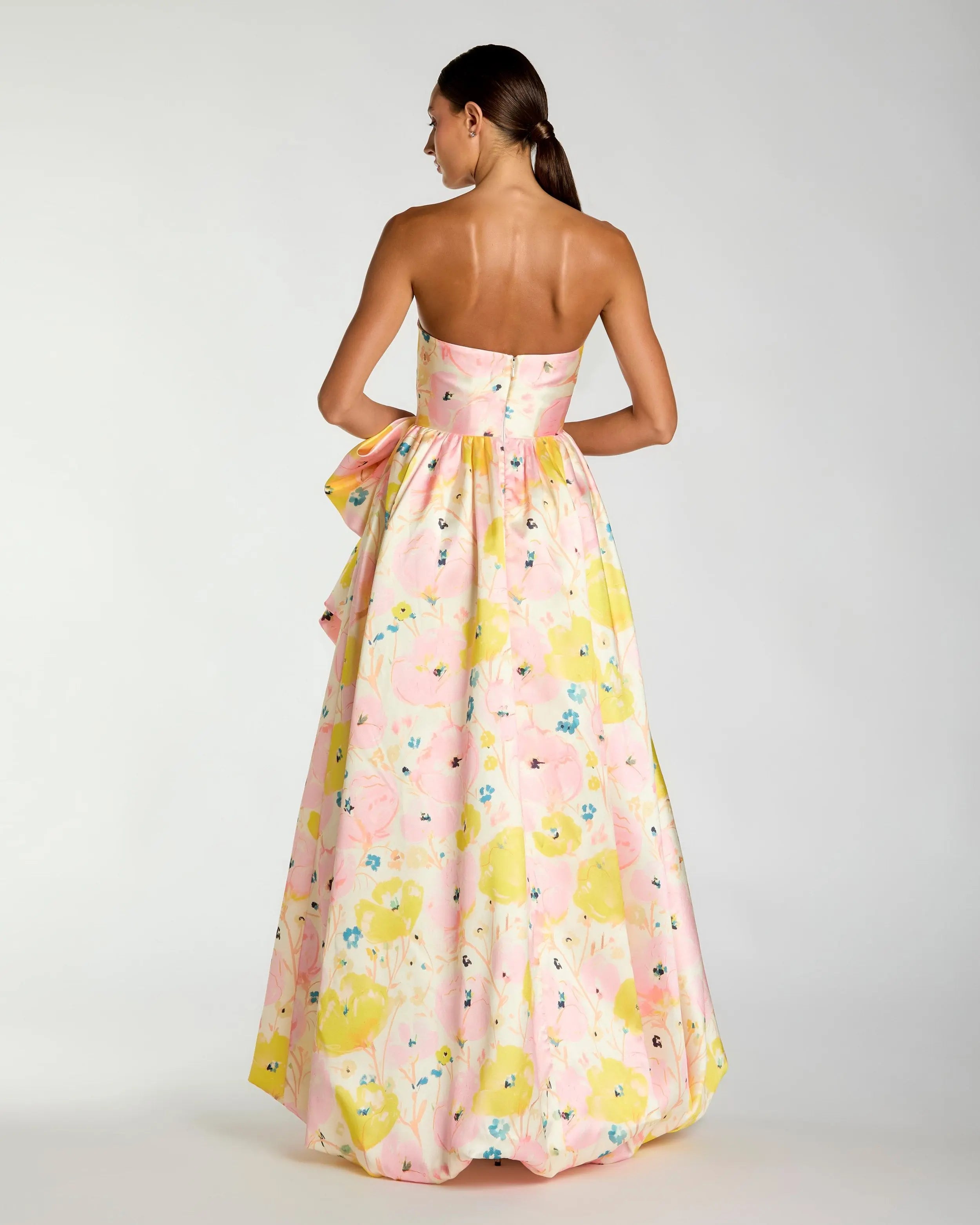 Pink Floral Strapless Bow High Slit Ball Gown-Myartka