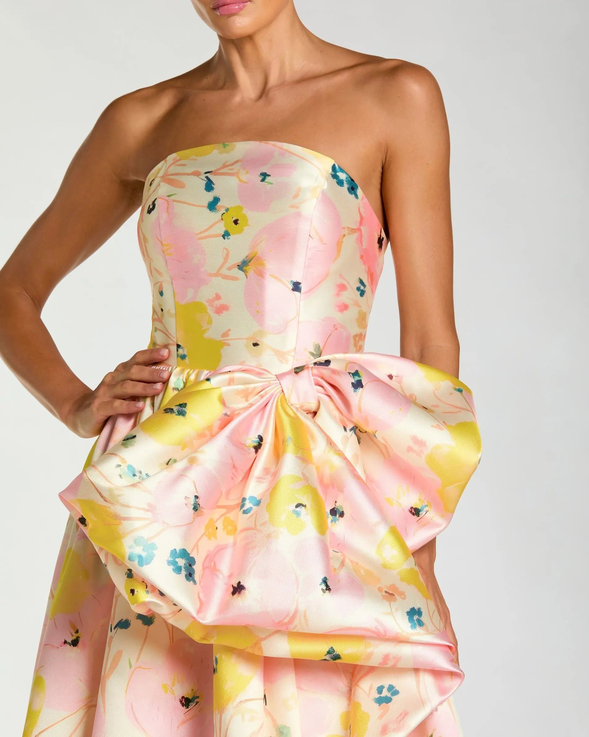 Pink Floral Strapless Bow High Slit Ball Gown-Myartka