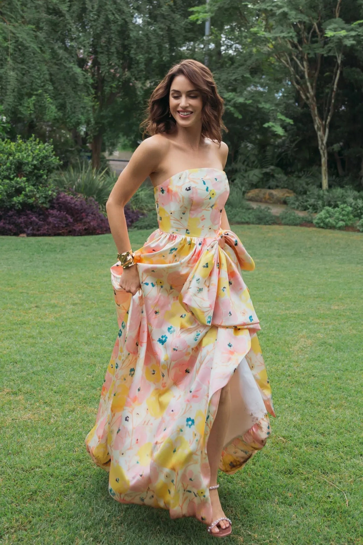 Pink Floral Strapless Bow High Slit Ball Gown-Myartka