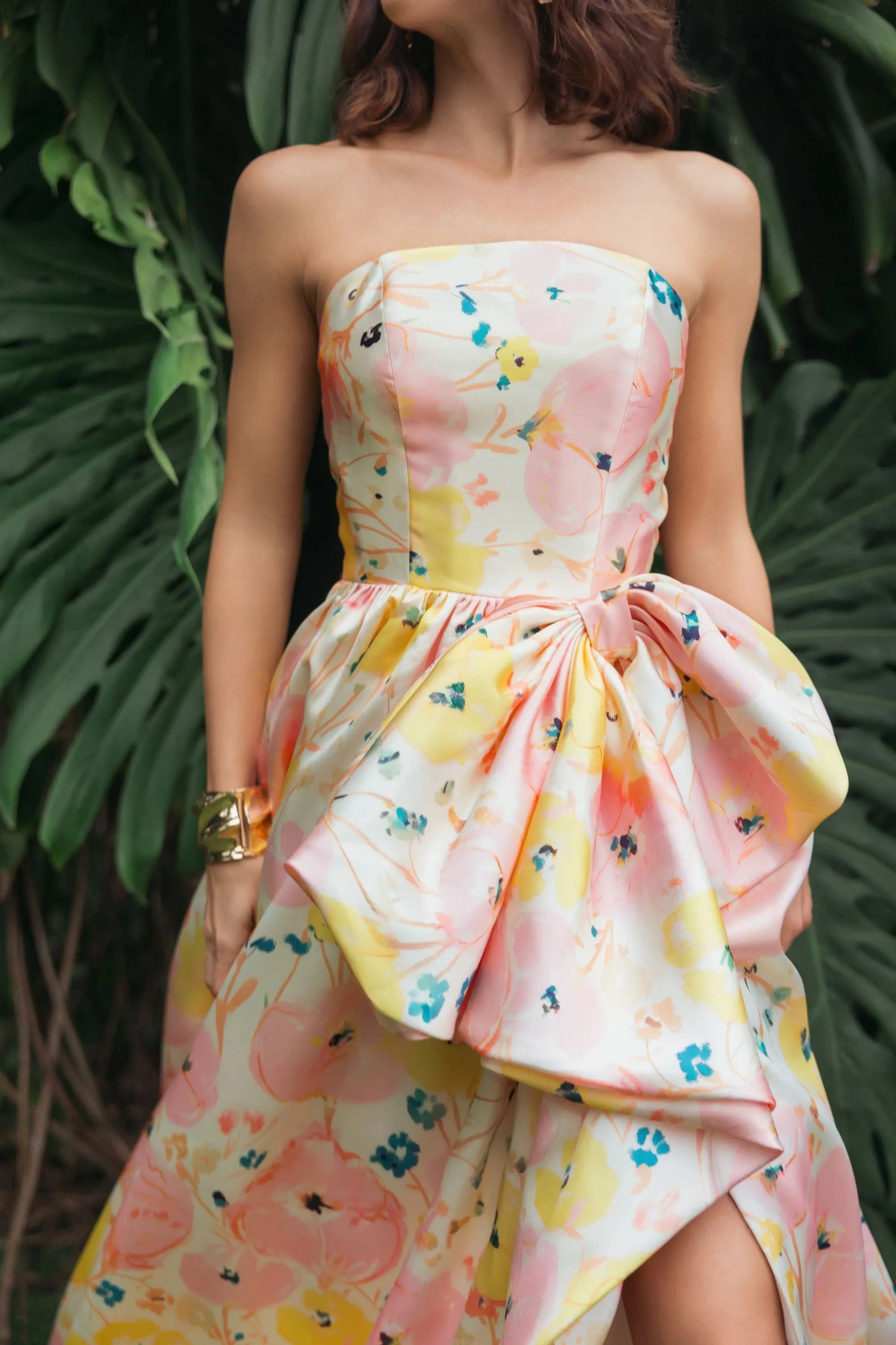 Pink Floral Strapless Bow High Slit Ball Gown-Myartka