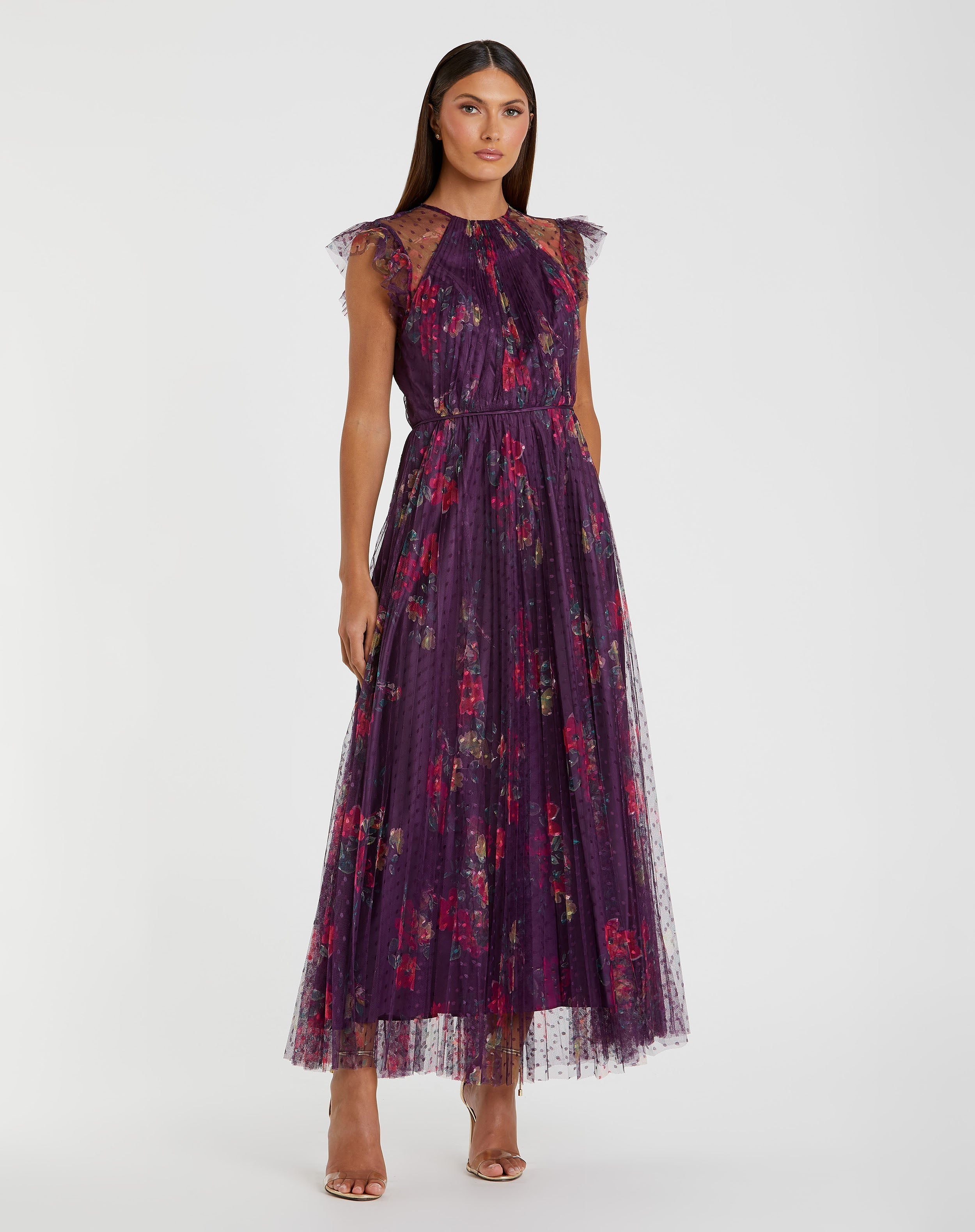 Purple Floral Flutter Sleeve Midi Dress-Myartka