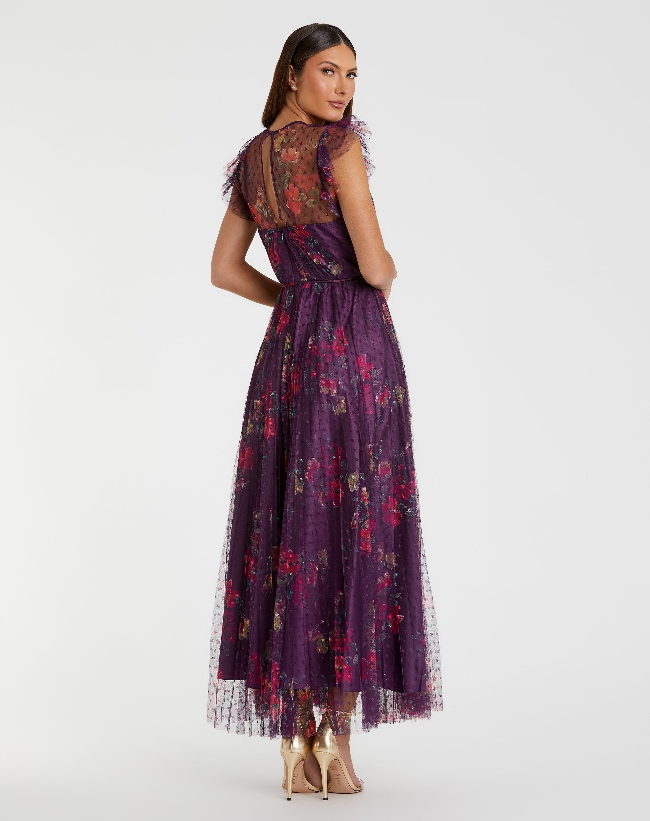 Purple Floral Flutter Sleeve Midi Dress-Myartka