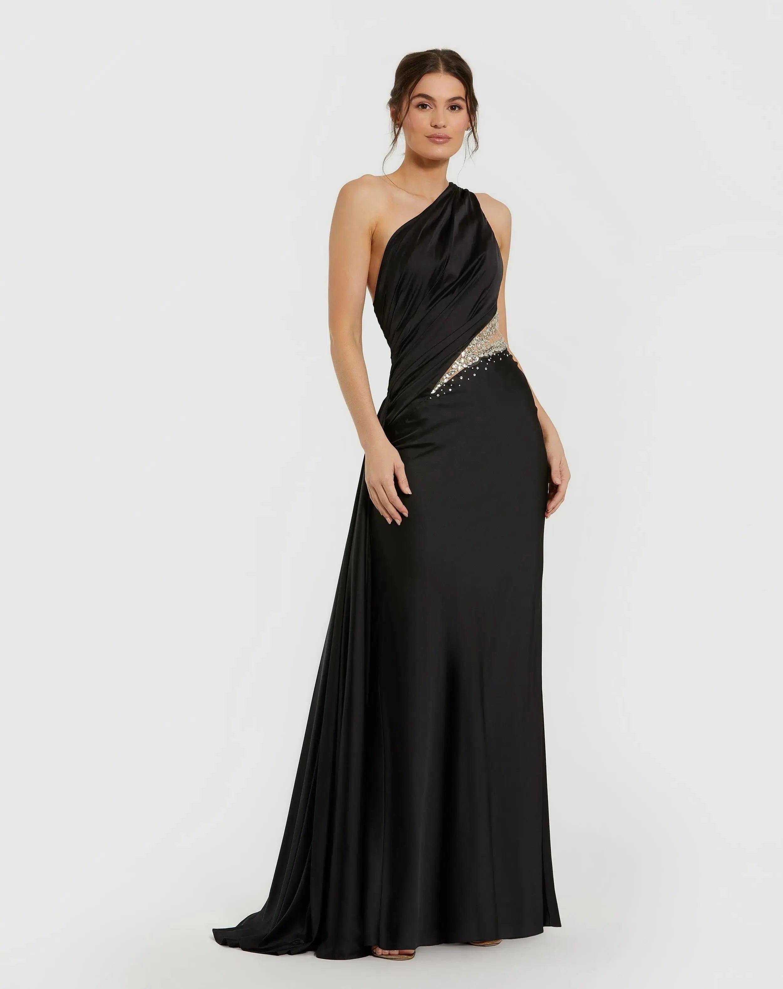 Black One Shoulder Charmeuse Gown With Beaded Cutout-Myartka