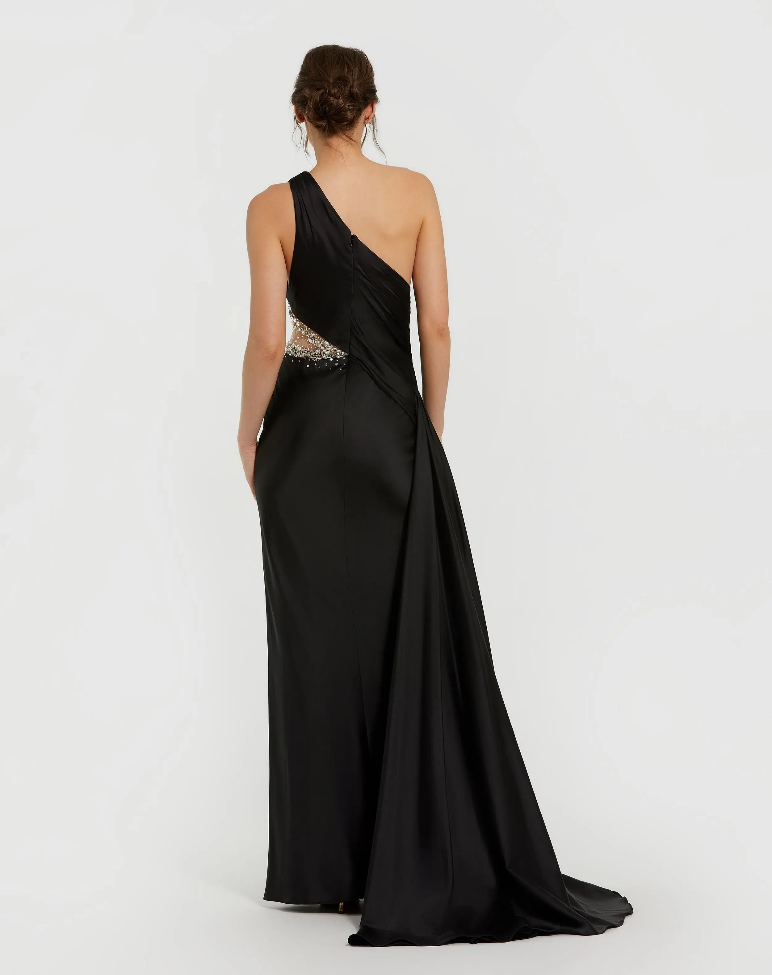 Black One Shoulder Charmeuse Gown With Beaded Cutout-Myartka