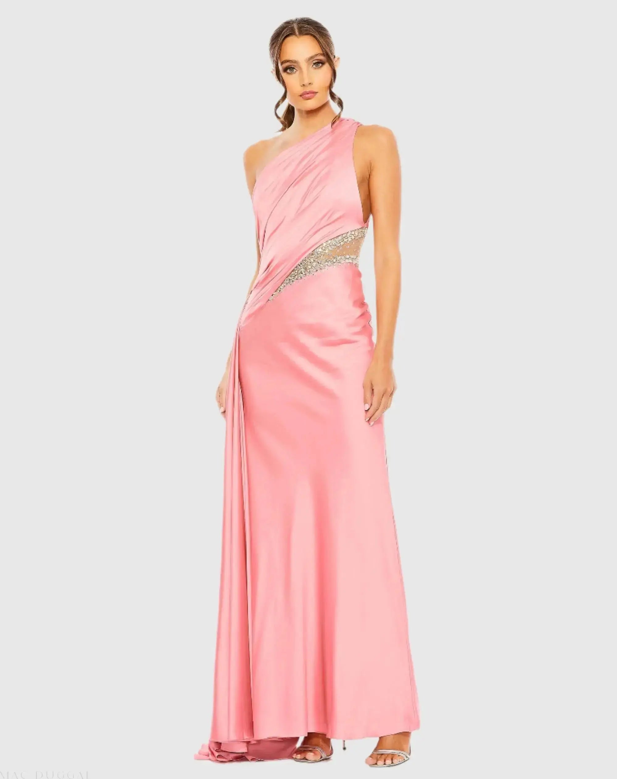 One Shoulder Embellished Satin Gown-Myartka