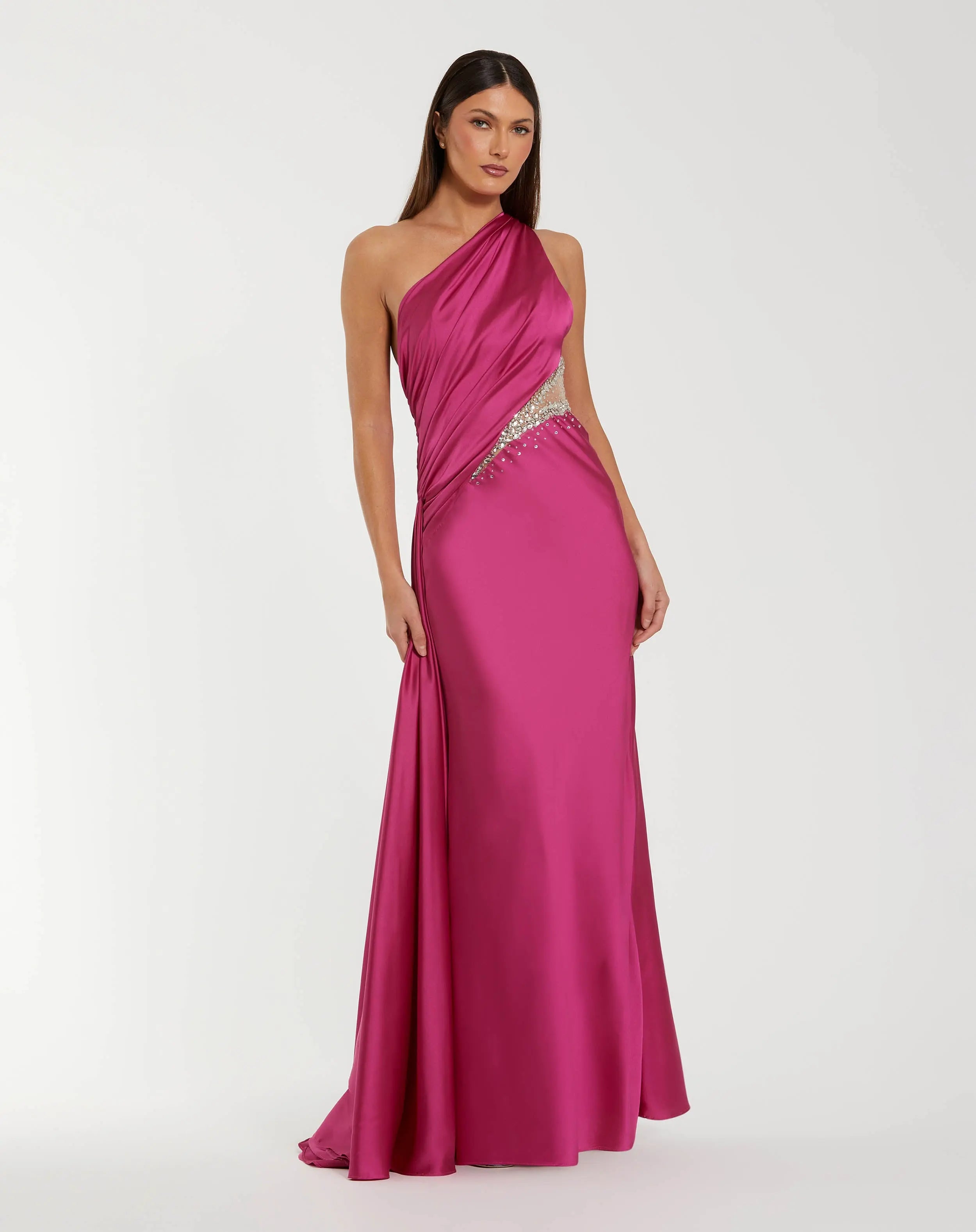 Dark Pink One Shoulder Charmeuse Gown With Beaded Cutout-Myartka