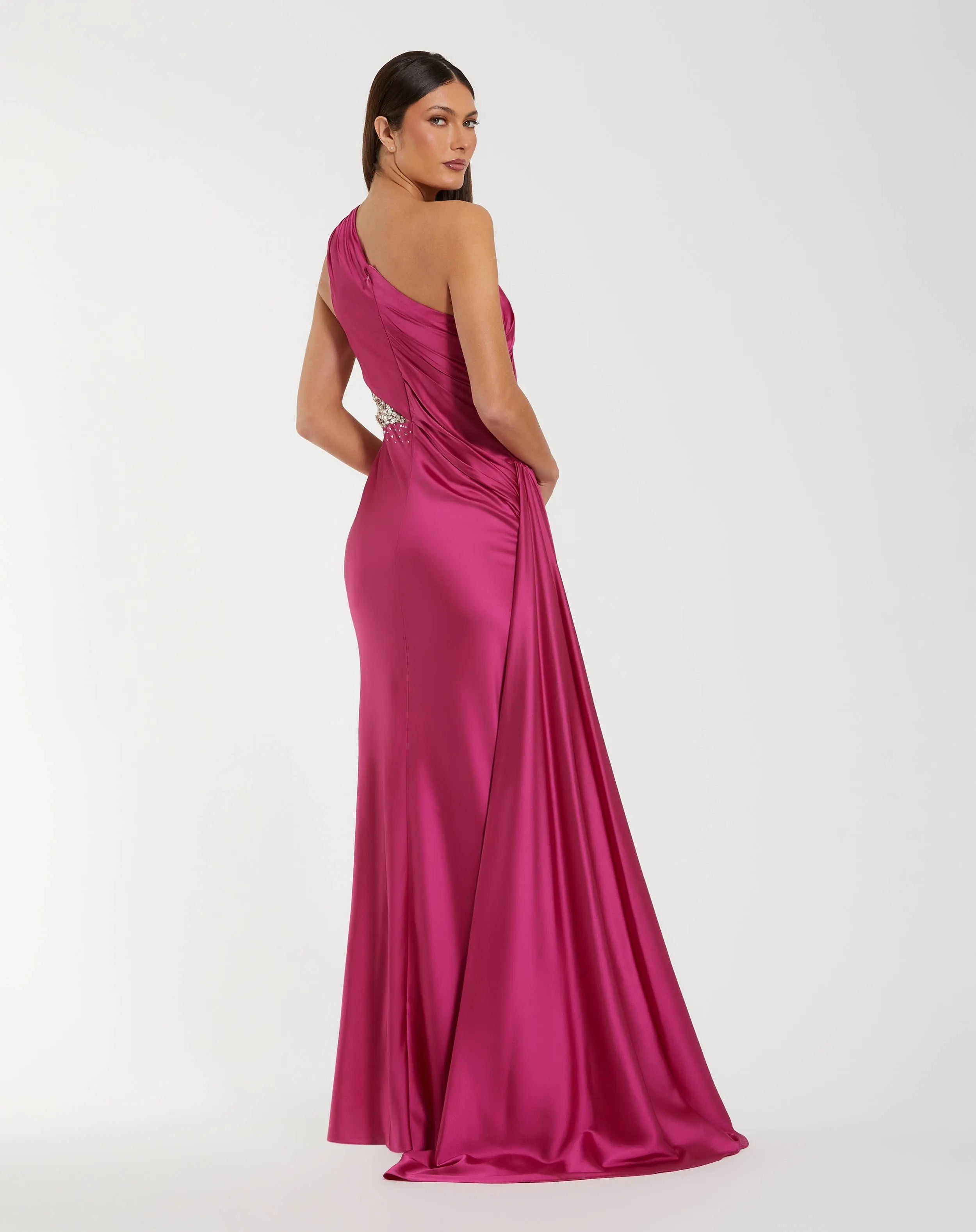 Dark Pink One Shoulder Charmeuse Gown With Beaded Cutout-Myartka