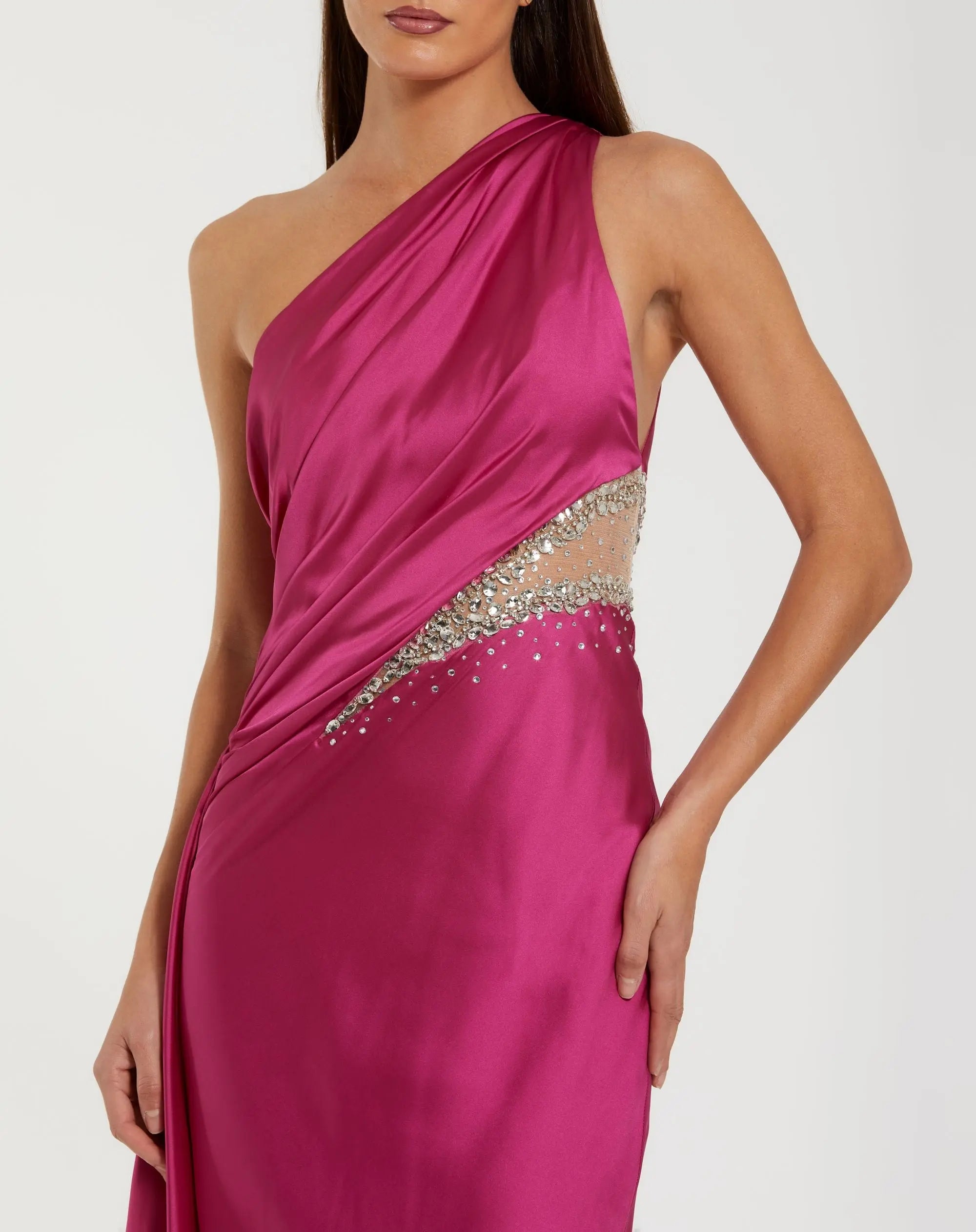 Dark Pink One Shoulder Charmeuse Gown With Beaded Cutout-Myartka