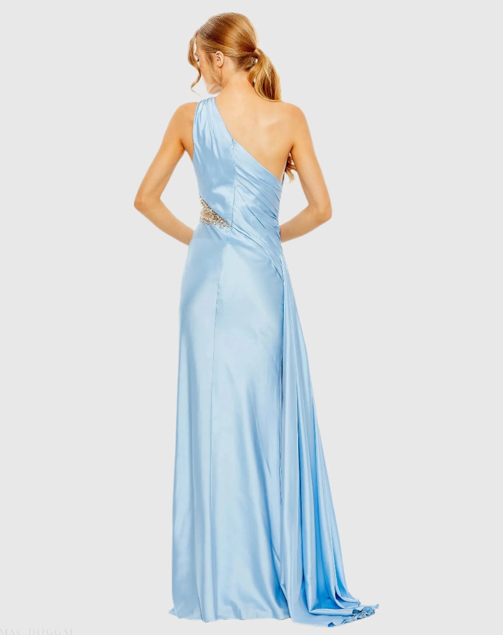 Blue One Shoulder Charmeuse Gown With Beaded Cutout-Myartka