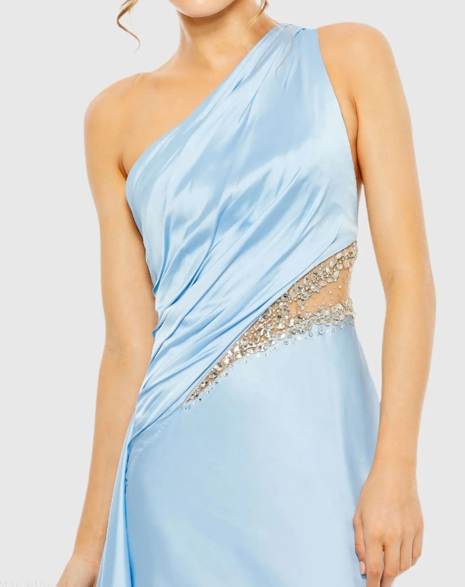 Blue One Shoulder Charmeuse Gown With Beaded Cutout-Myartka