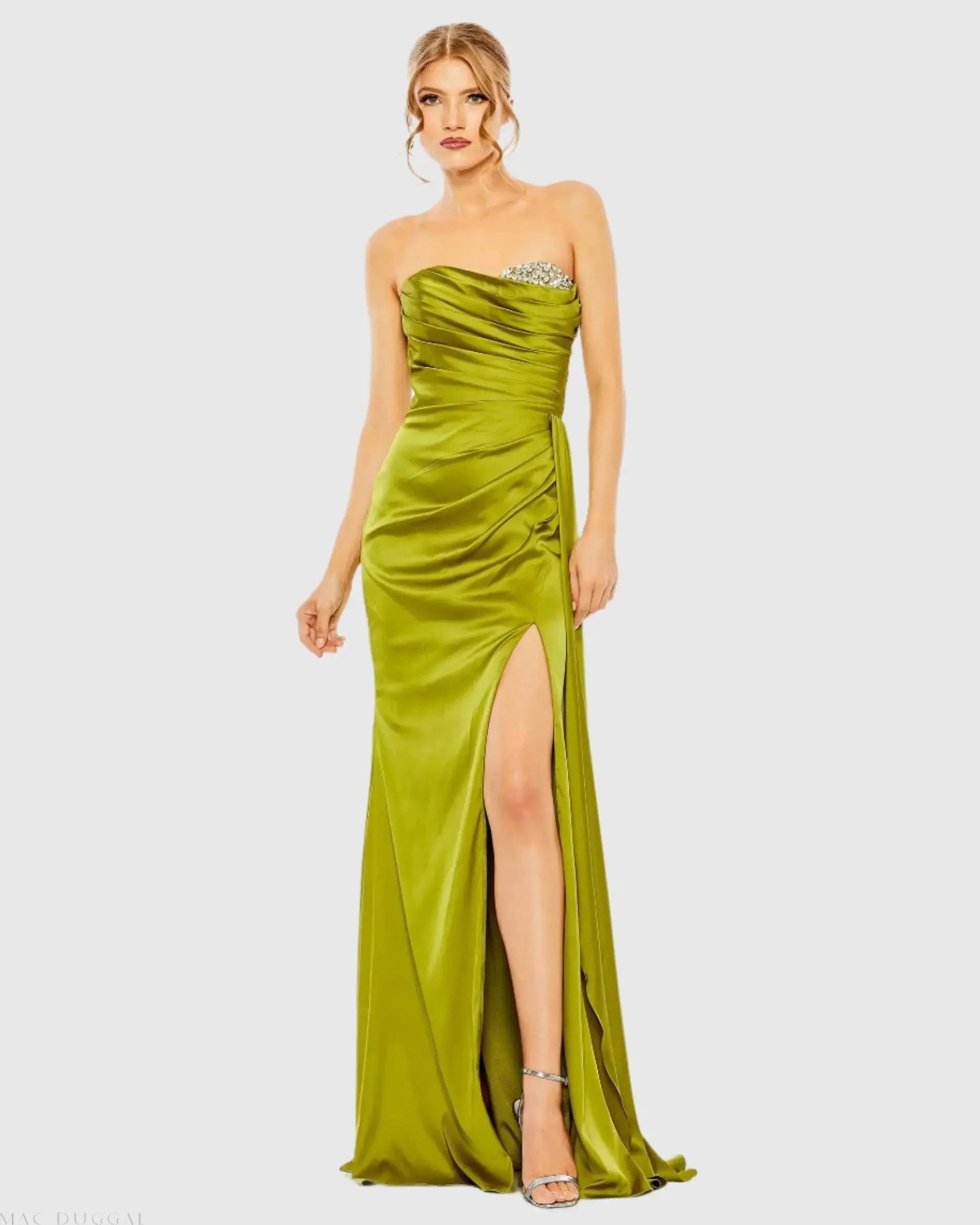 Green Strapless Embellished Sweetheart Neckline Satin Gown-Myartka