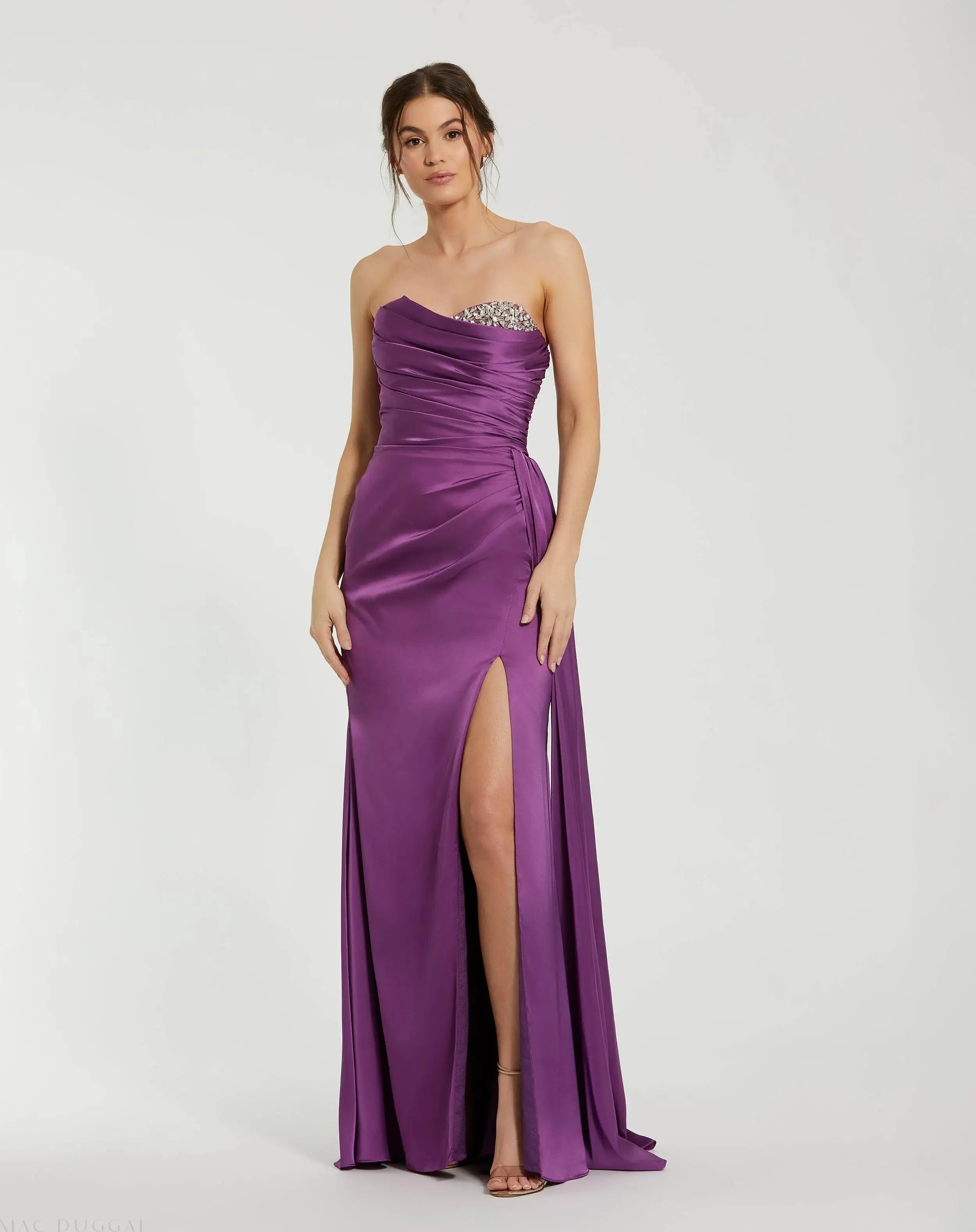 Purple Strapless Embellished Sweetheart Neckline Satin Gown-Myartka