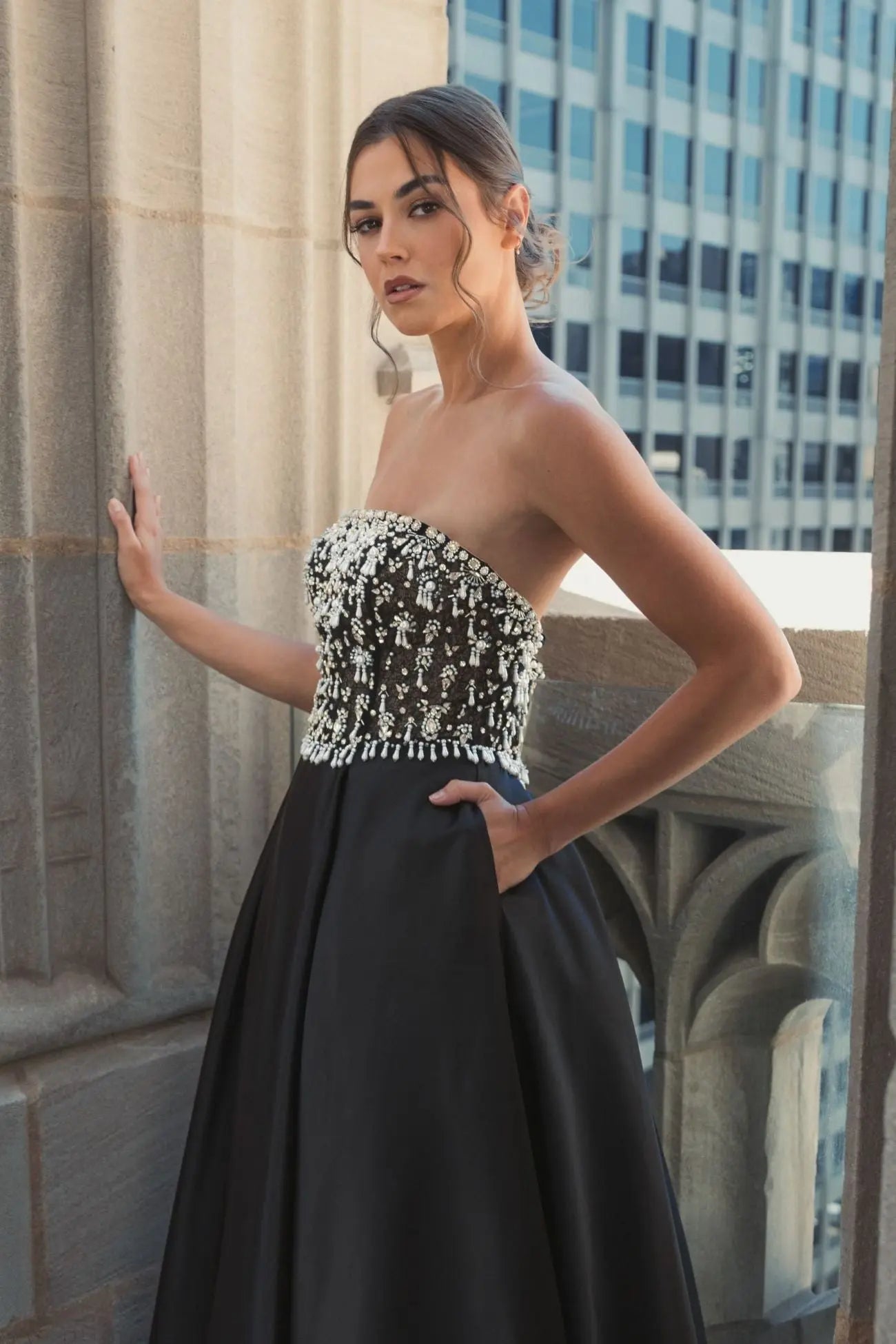 Black Strapless Embellished Top Satin Ball Gown-Myartka