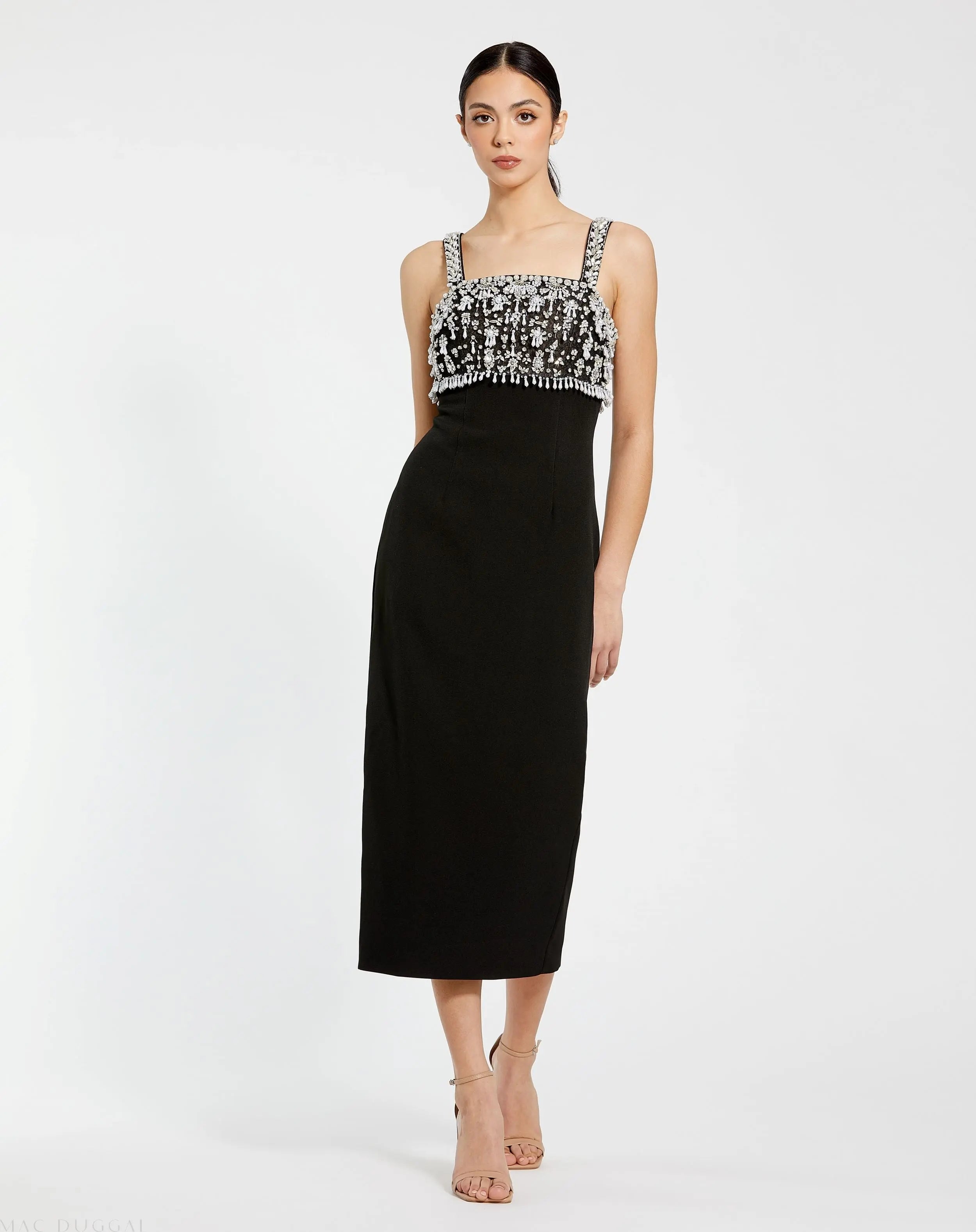 Black Wide Strap Embellished Top Midi Dress-Myartka