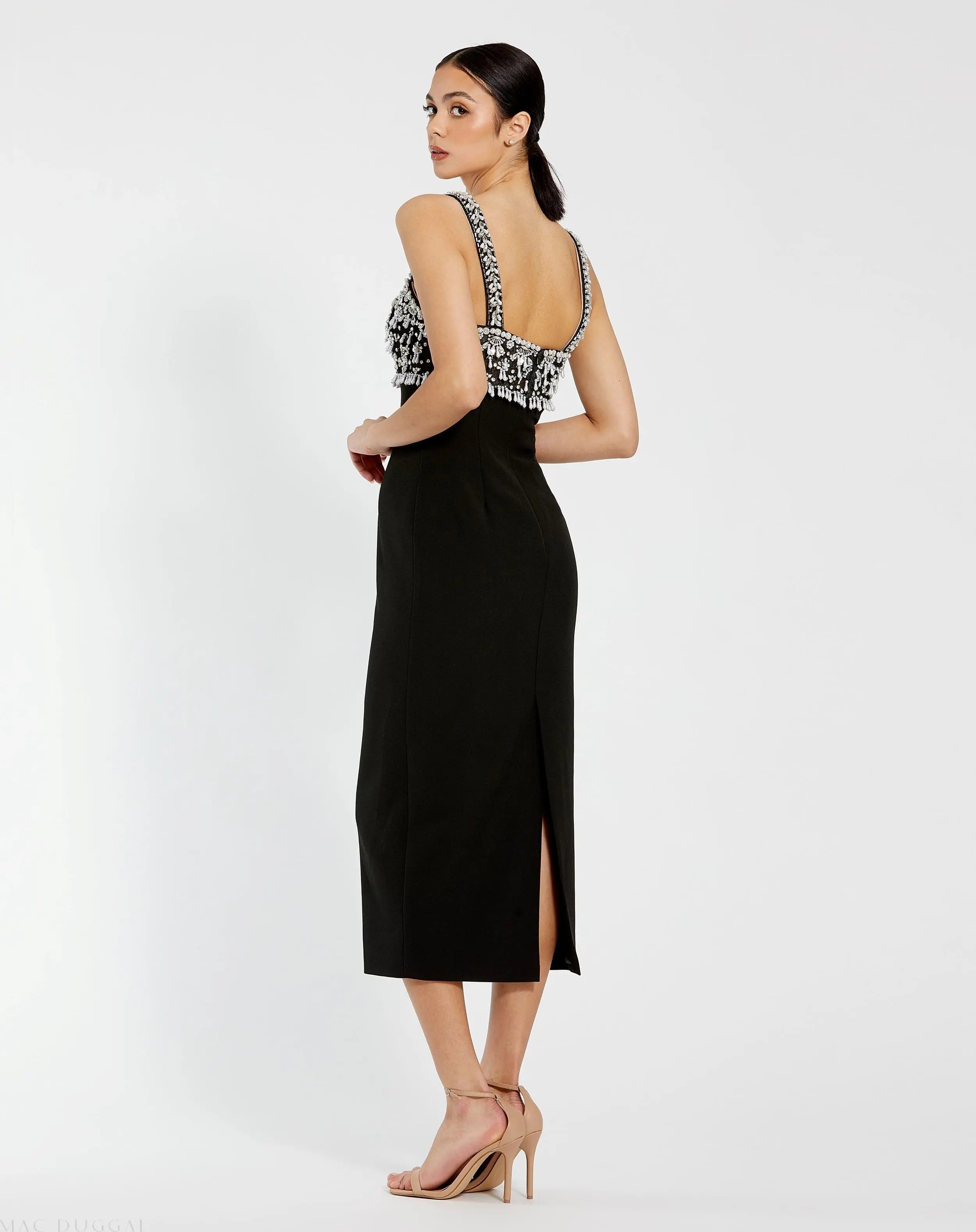 Black Wide Strap Embellished Top Midi Dress-Myartka