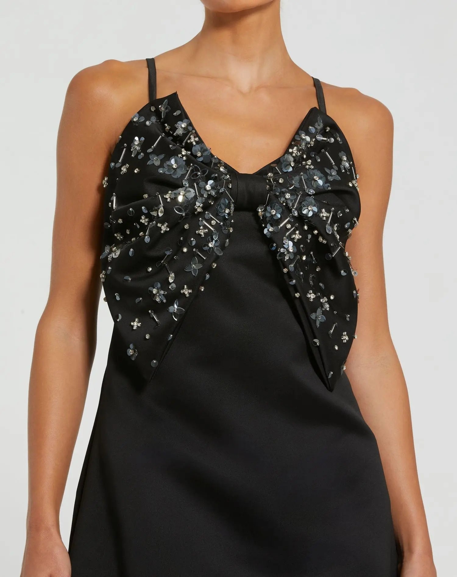 Black Sleeveless Satin A-Line Beaded Bow Mini Dress-Myartka