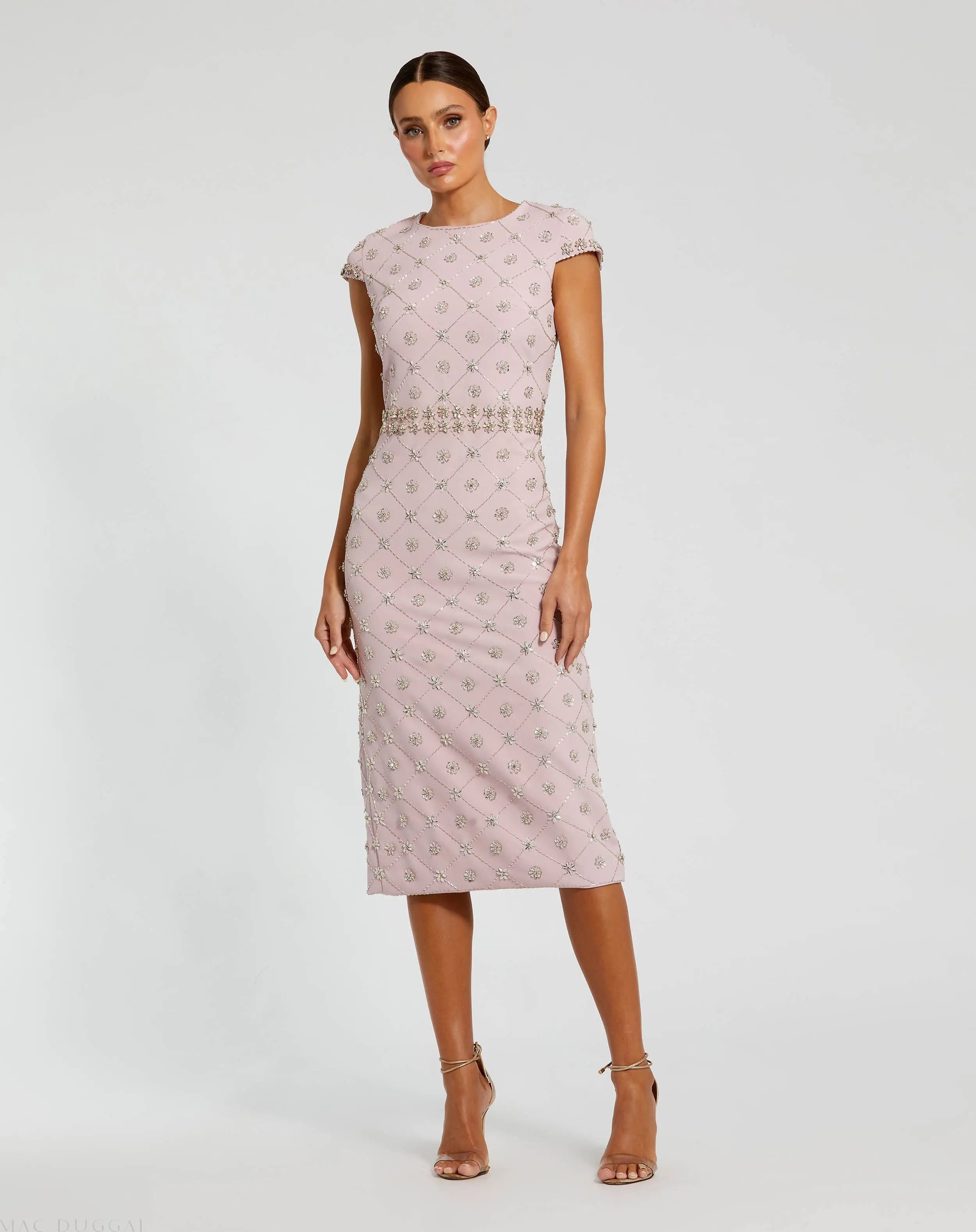 Pink Hand Embellished High Neck Midi Dress-Myartka