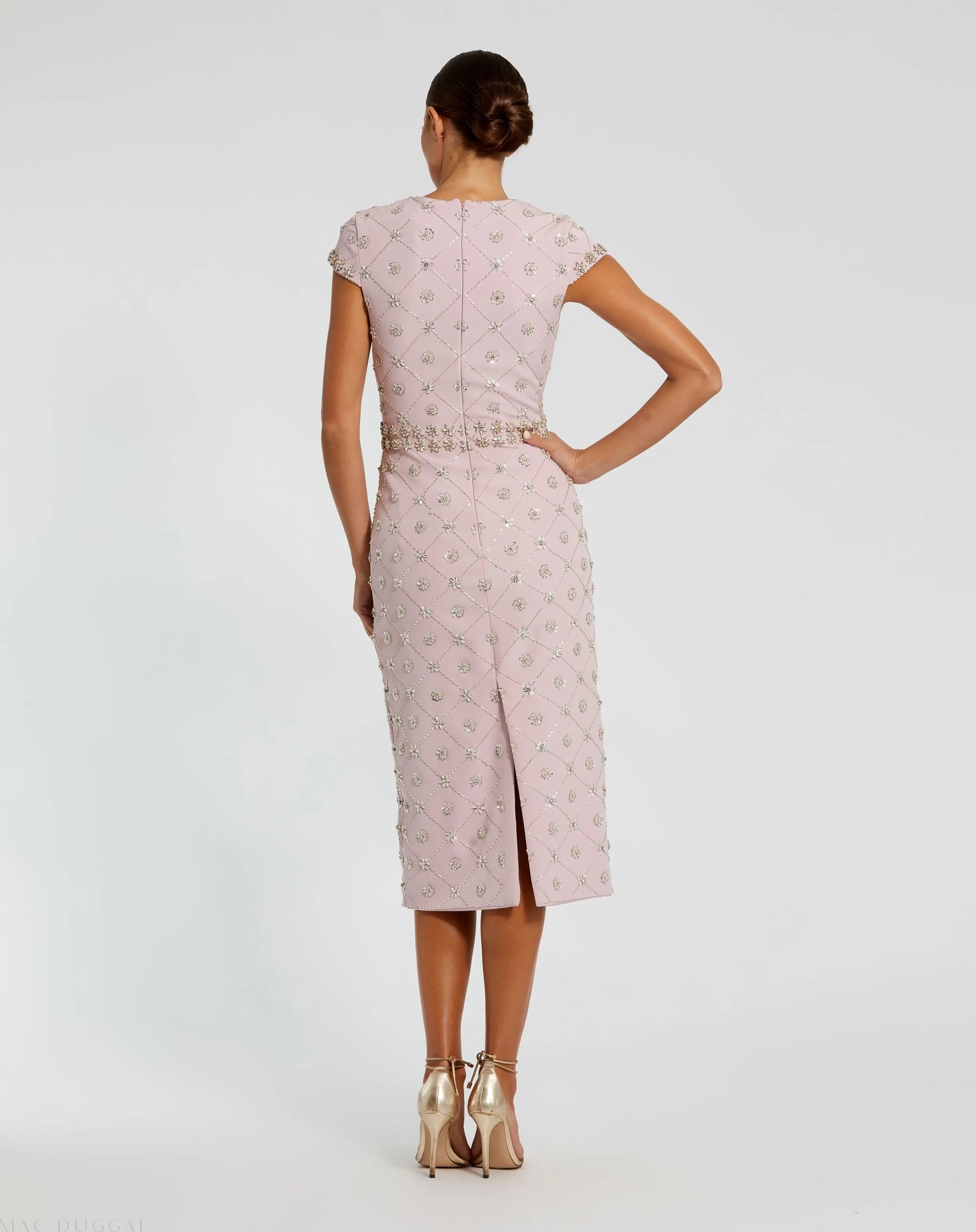 Pink Hand Embellished High Neck Midi Dress-Myartka