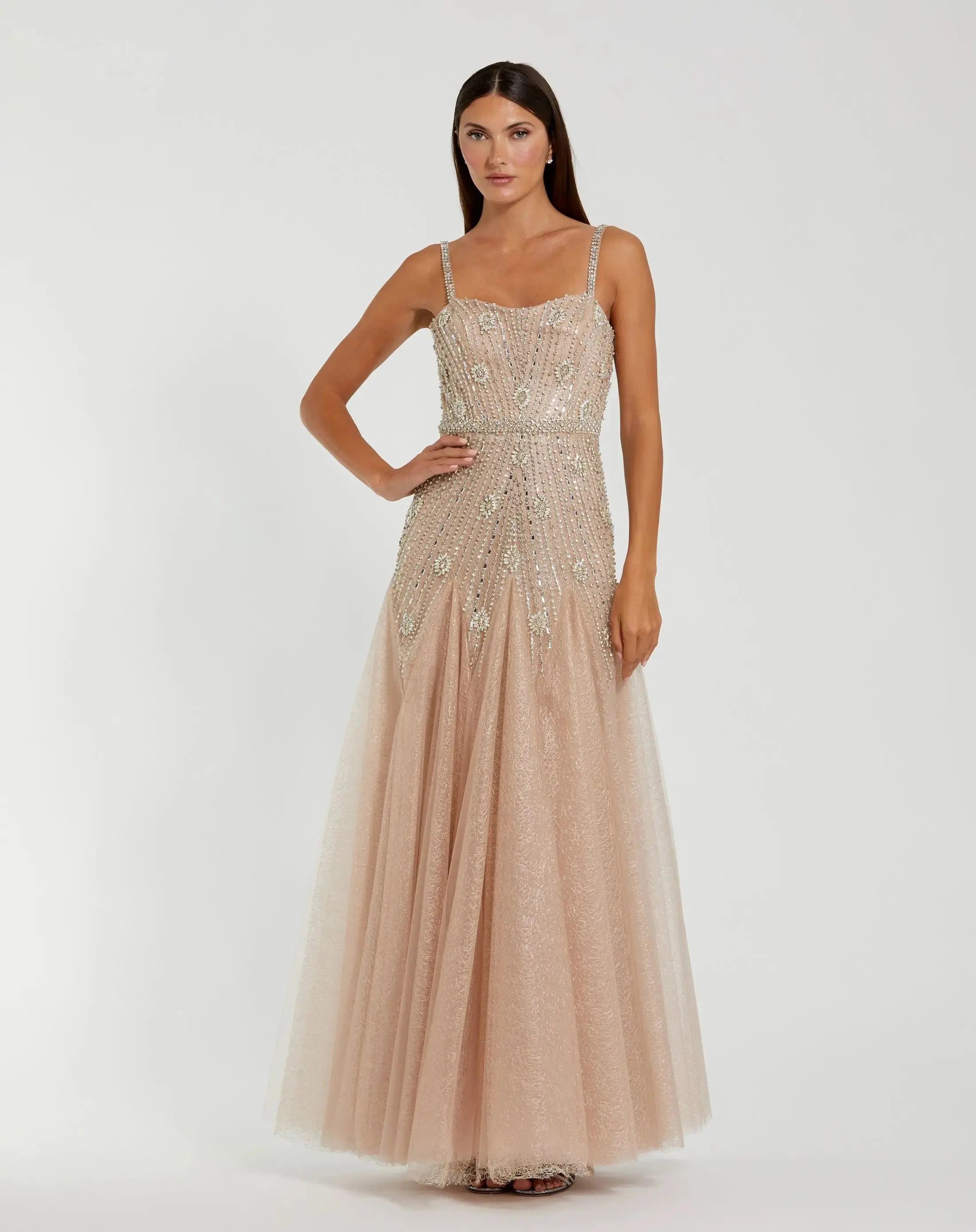 Beige Slim Strap Embellished Bustier Gown-Myartka
