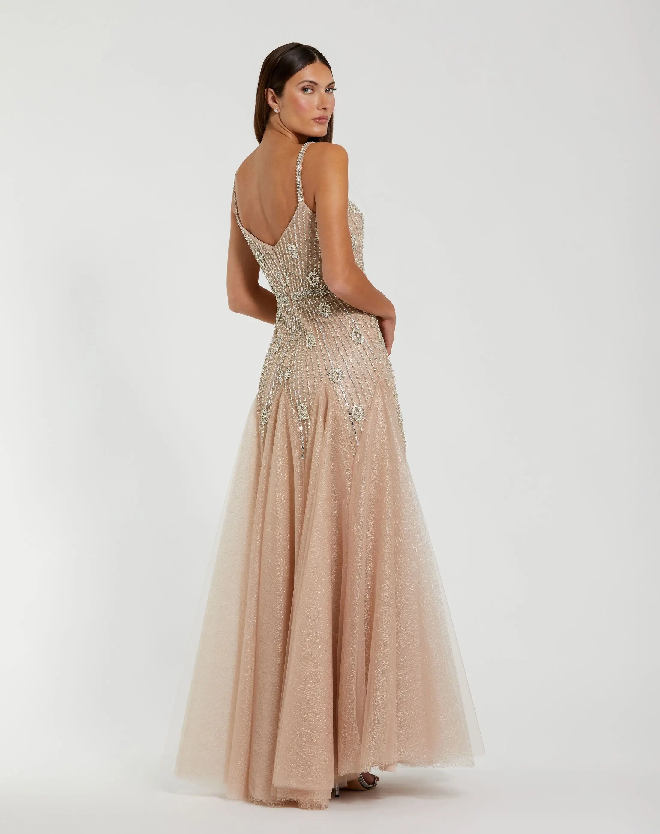Beige Slim Strap Embellished Bustier Gown-Myartka
