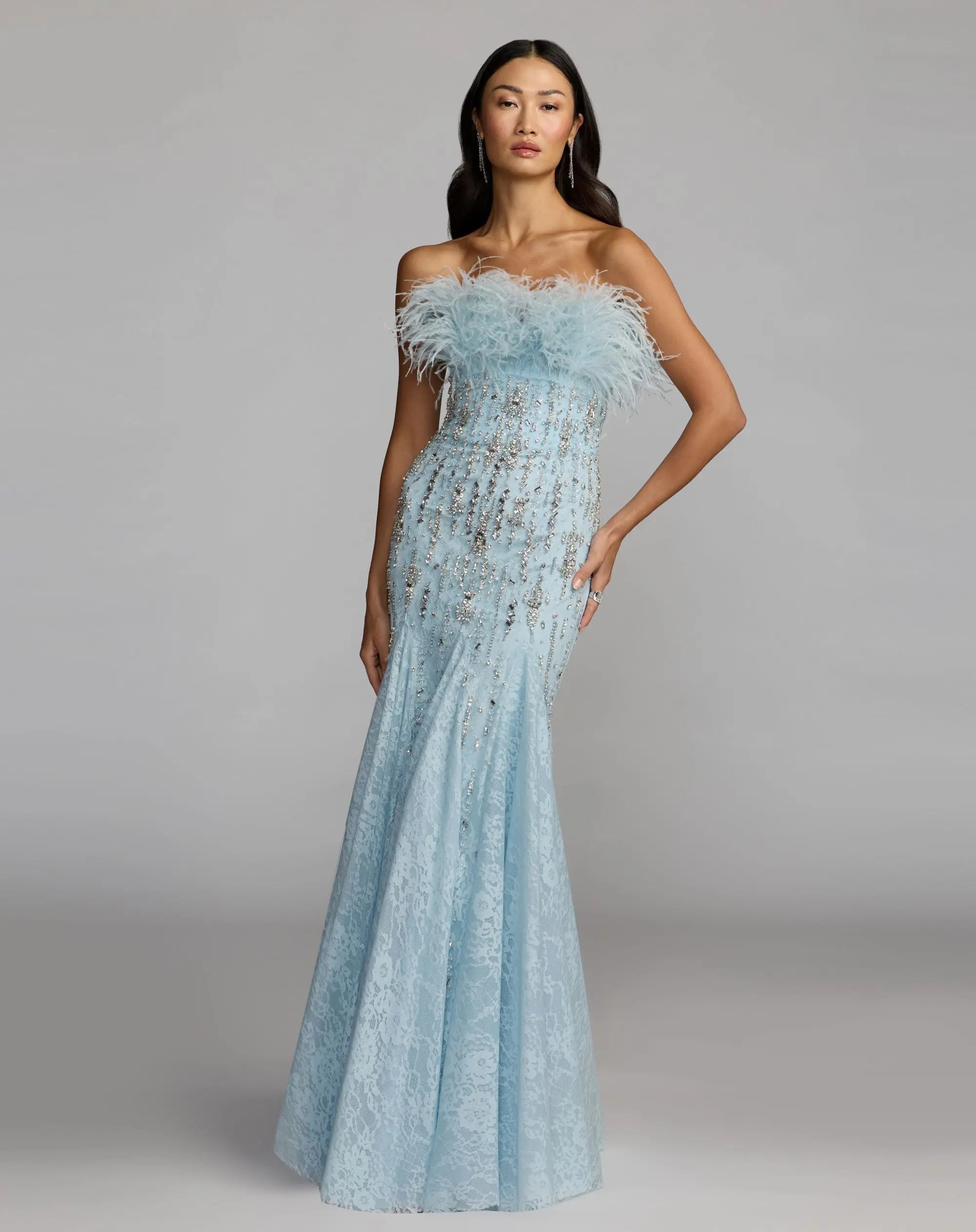 Blue Feather Embellished Strapless Mermaid Gown-Myartka