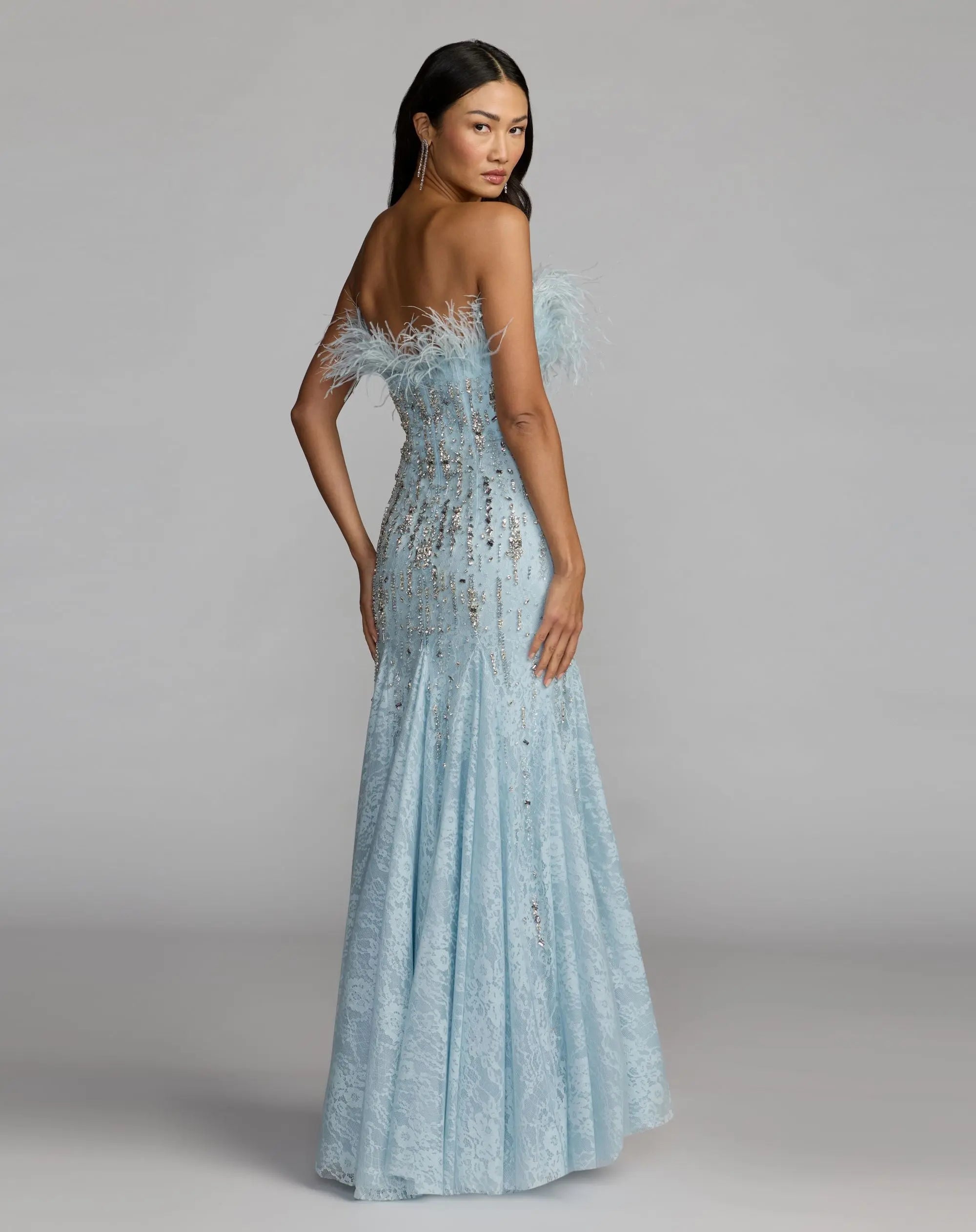 Blue Feather Embellished Strapless Mermaid Gown-Myartka