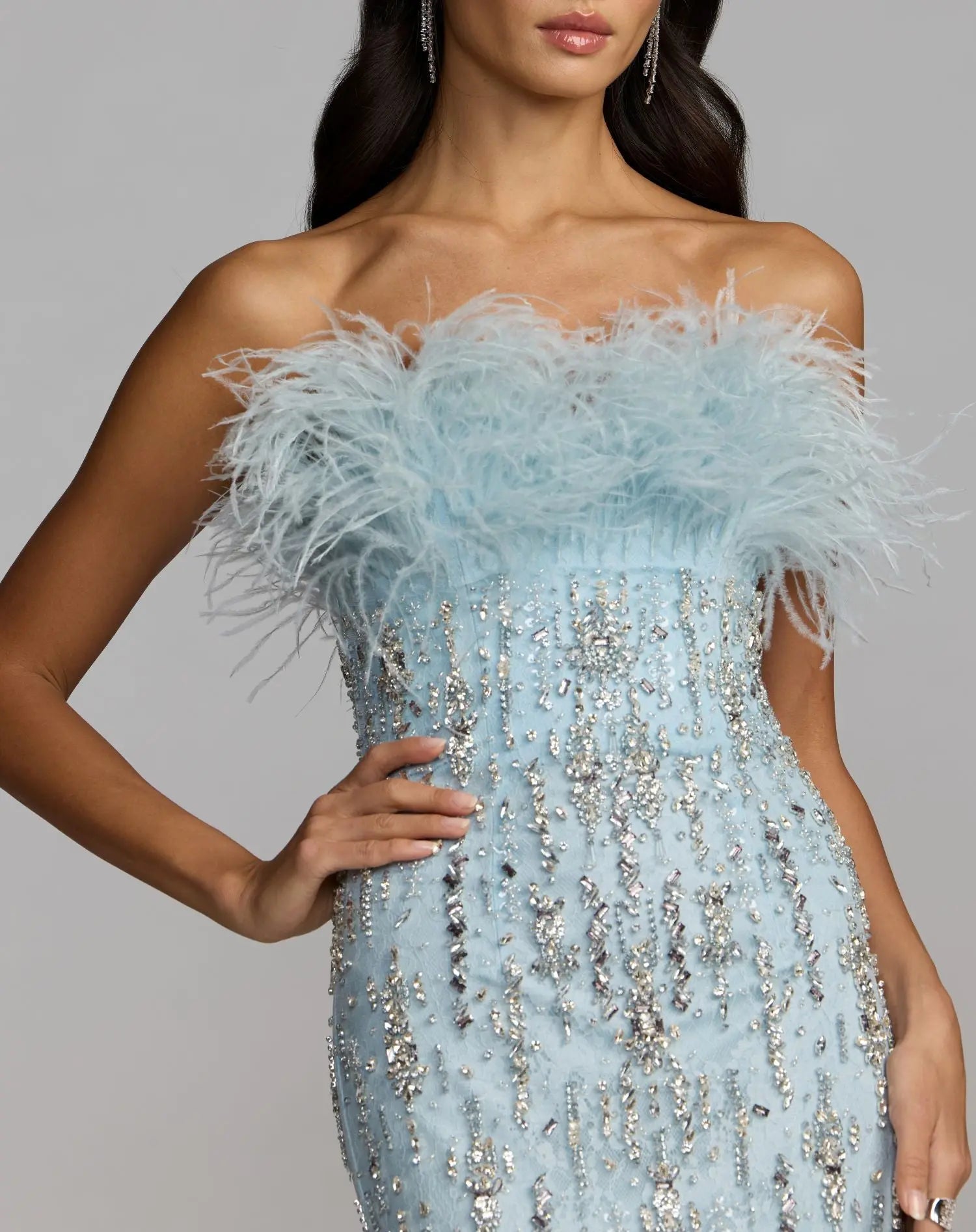 Blue Feather Embellished Strapless Mermaid Gown-Myartka