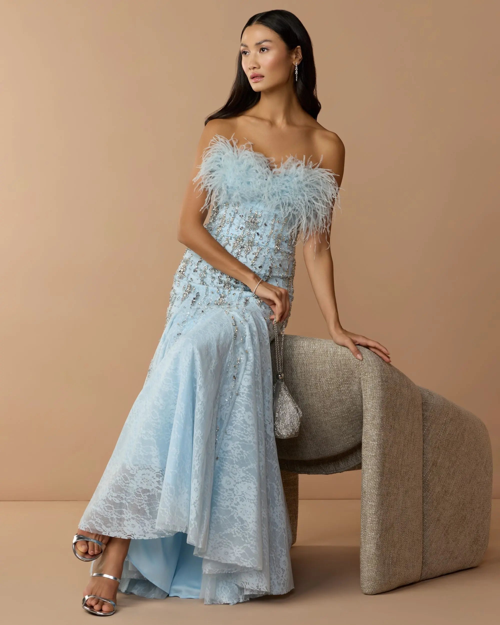 Blue Feather Embellished Strapless Mermaid Gown-Myartka