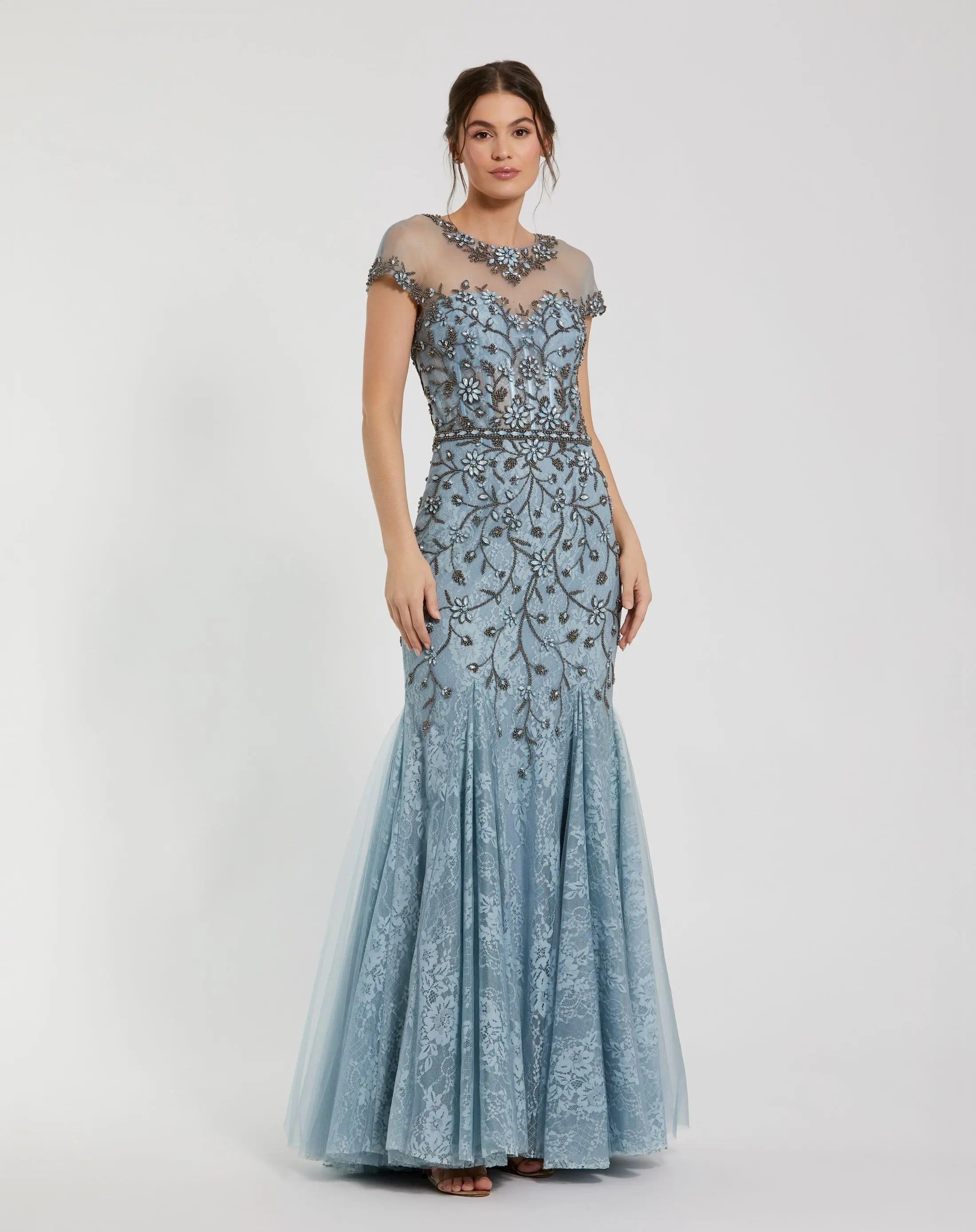 Blue Embellished Lace Evening Gown with Illusion Neckline-Myartka