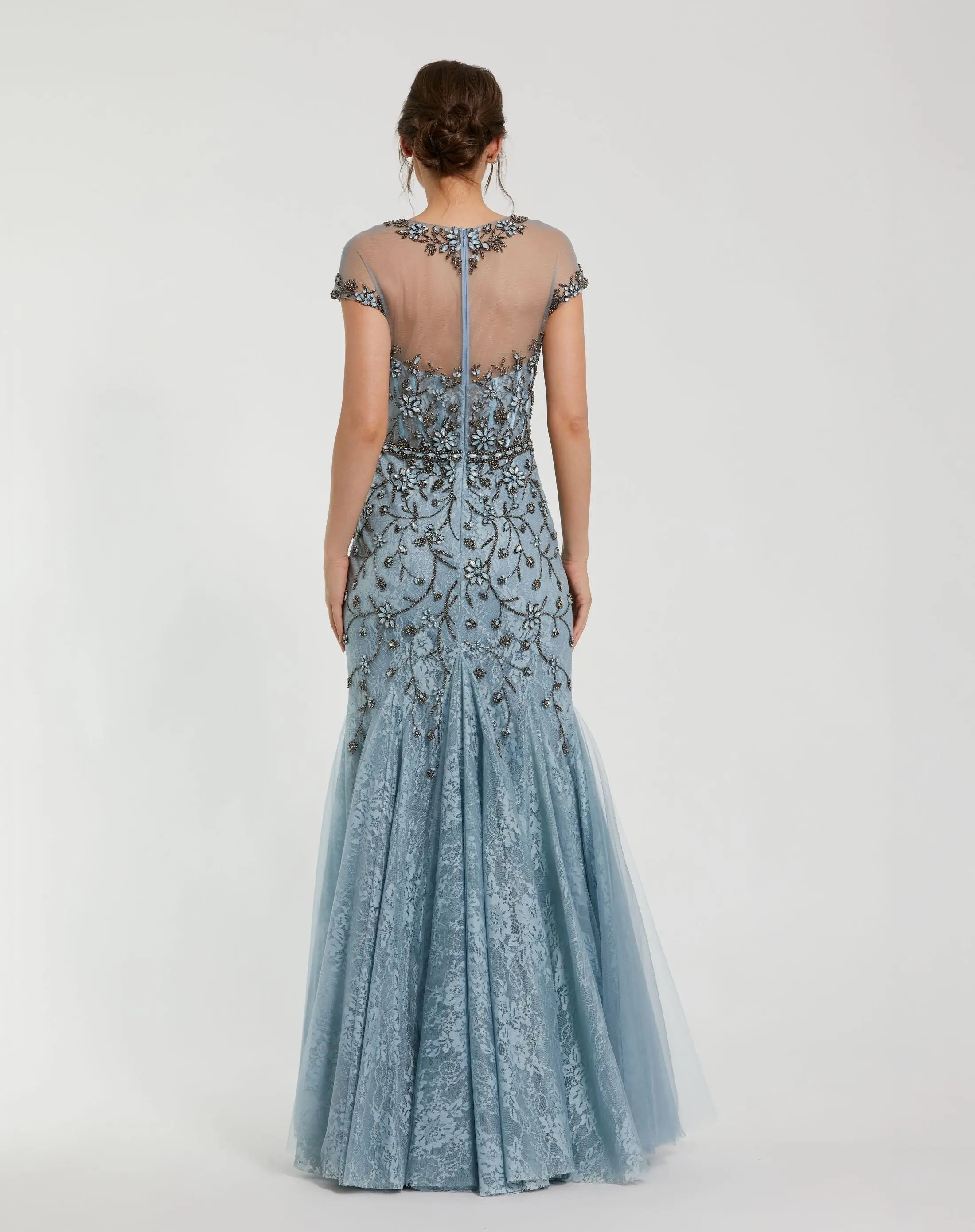 Blue Embellished Lace Evening Gown with Illusion Neckline-Myartka
