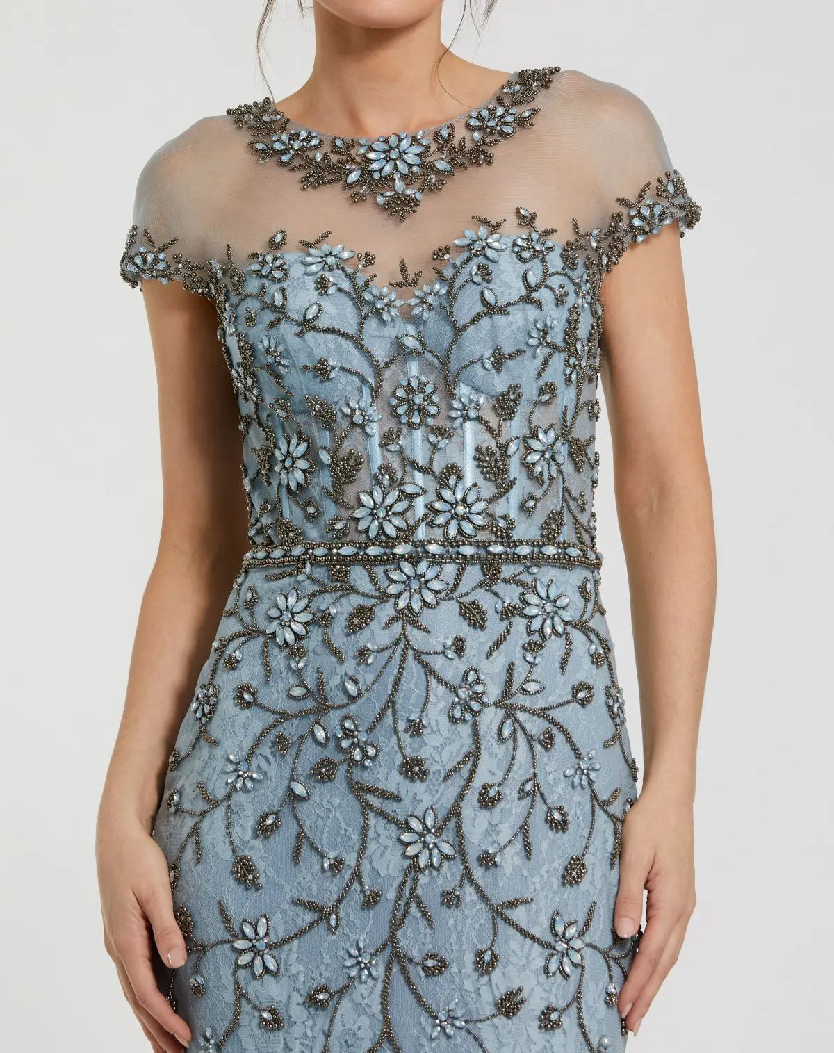 Blue Embellished Lace Evening Gown with Illusion Neckline-Myartka