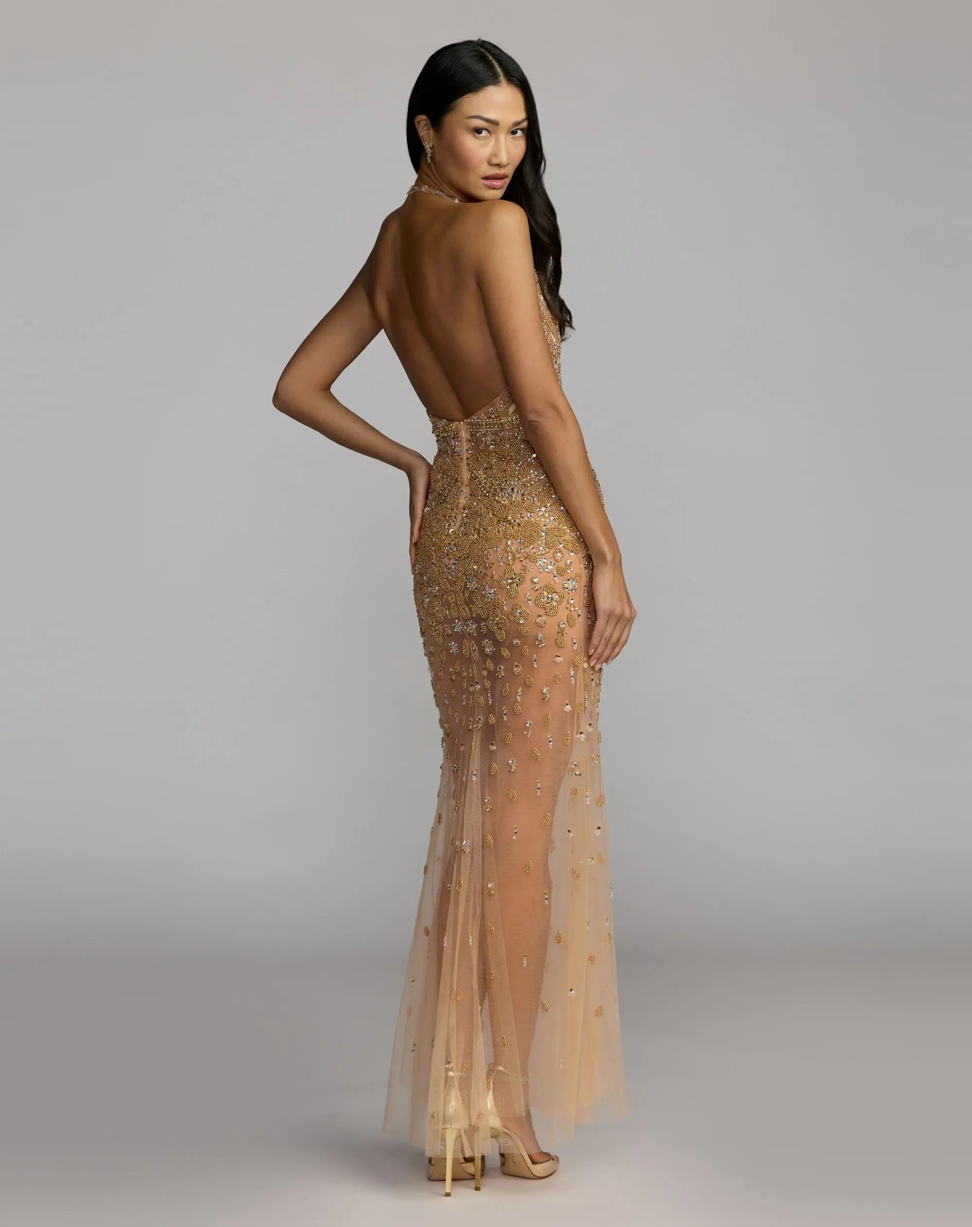 Gold Hand Embellished Open Back Halter Gown-Myartka