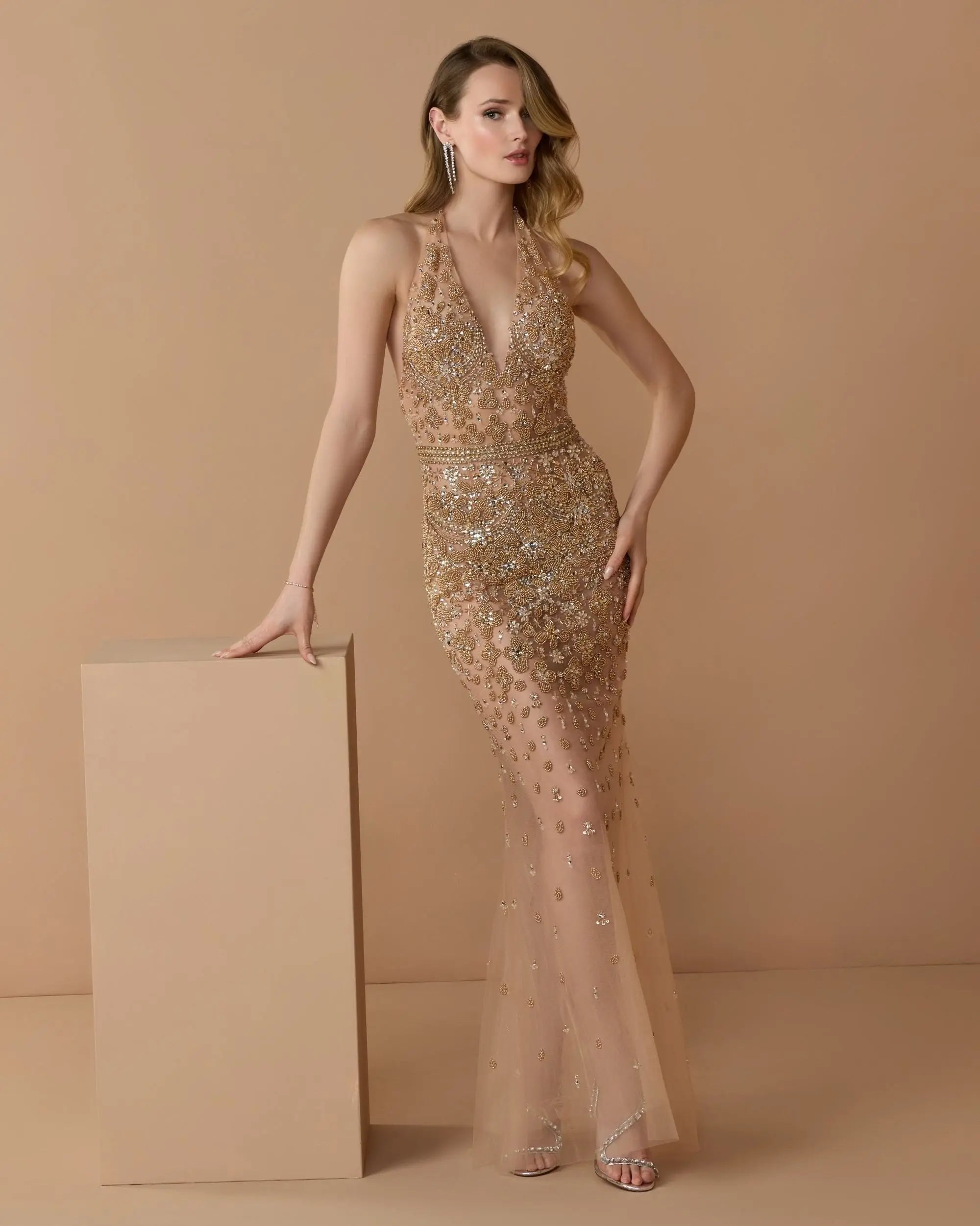 Gold Hand Embellished Open Back Halter Gown-Myartka