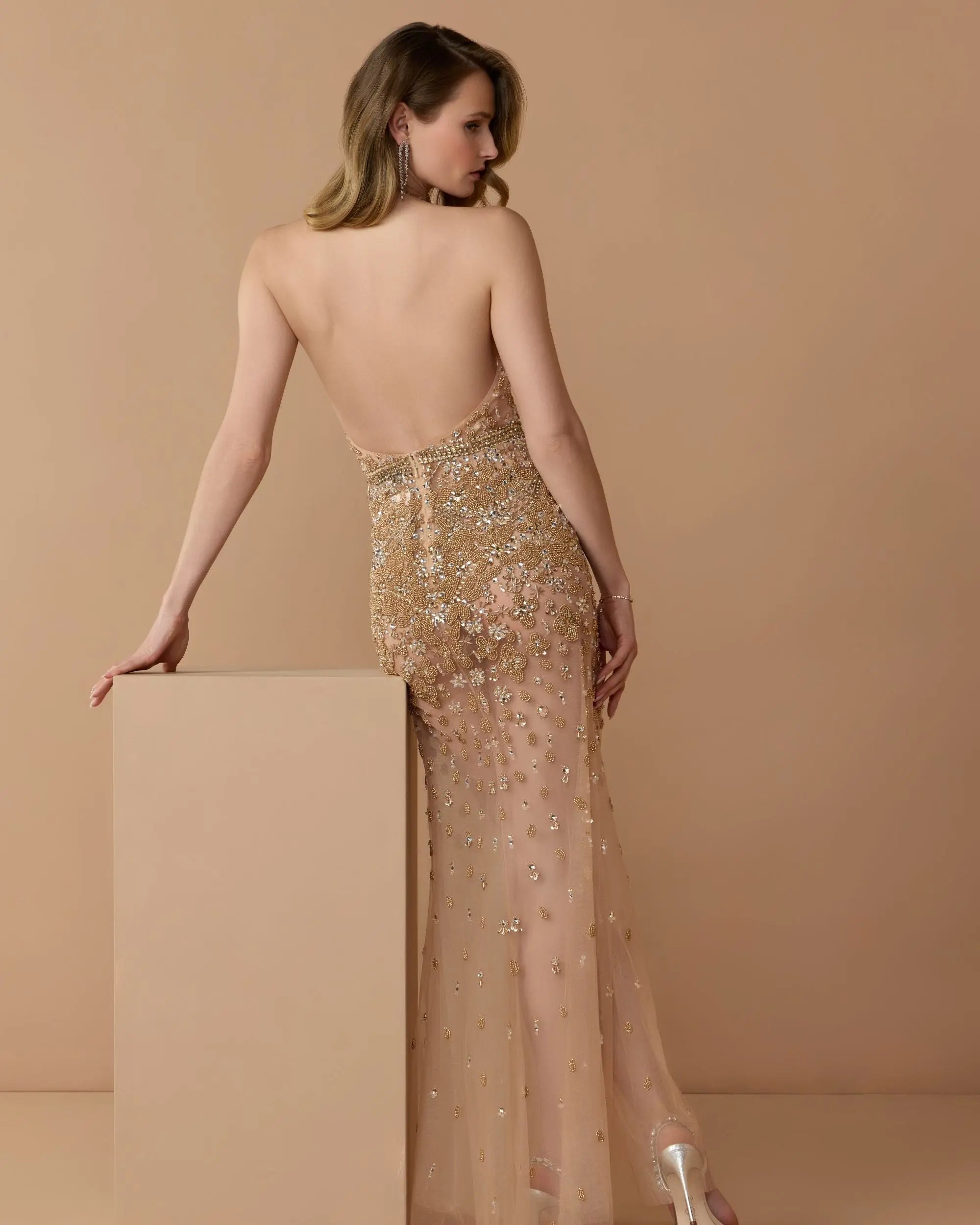 Gold Hand Embellished Open Back Halter Gown-Myartka