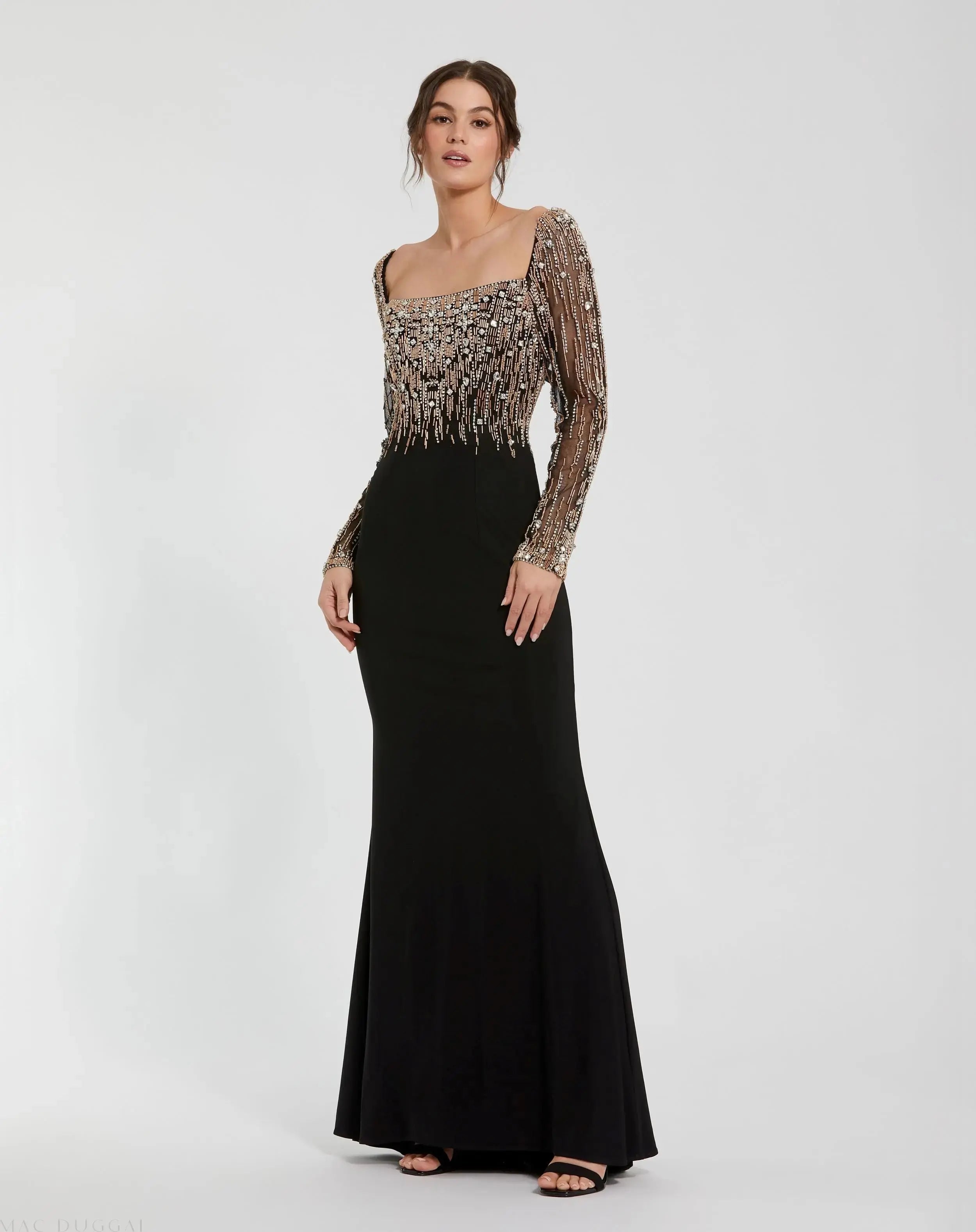 Black Beaded Square Neck Long Sleeve Jersey Gown-Myartka