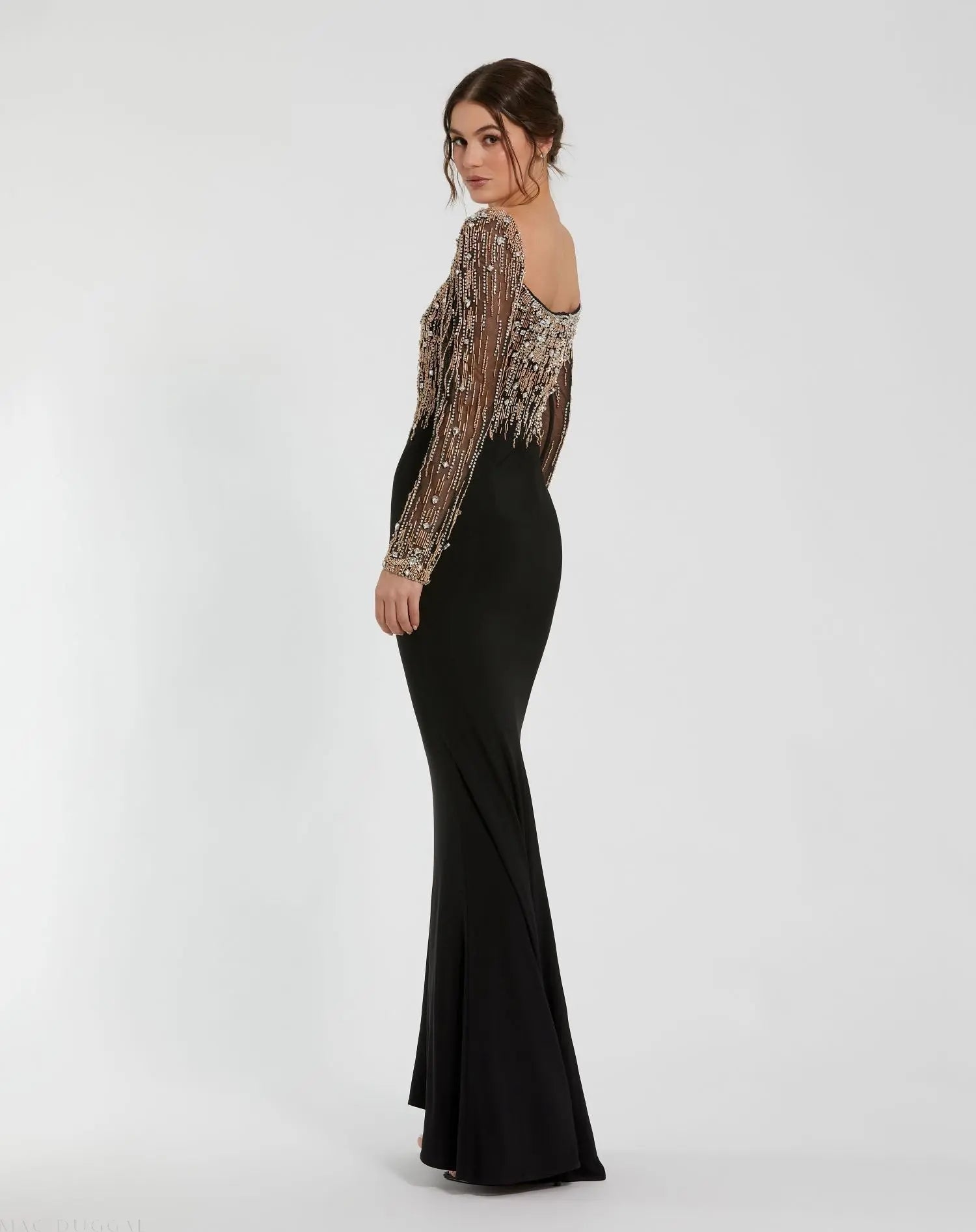 Black Beaded Square Neck Long Sleeve Jersey Gown-Myartka