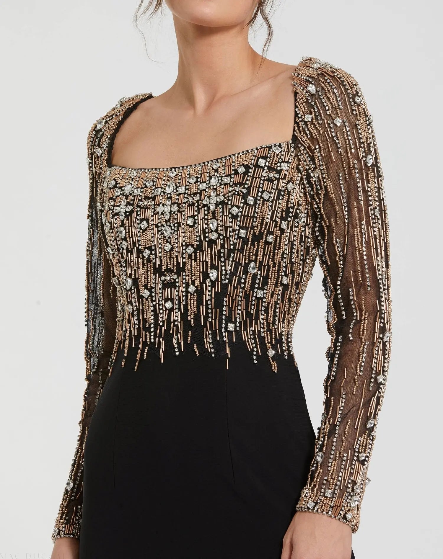Black Beaded Square Neck Long Sleeve Jersey Gown-Myartka