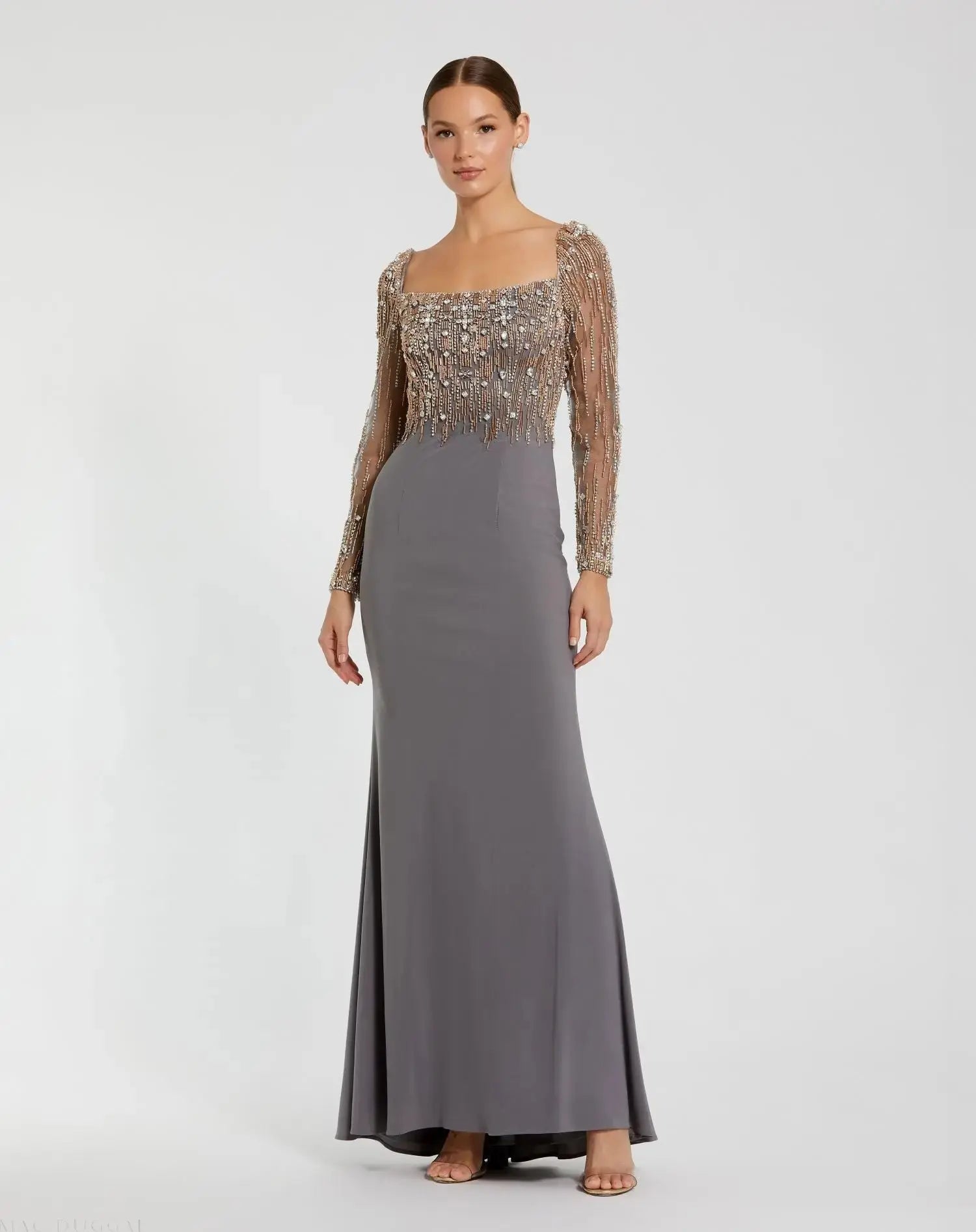 Beaded Square Neck Long Sleeve Jersey Gown-Myartka