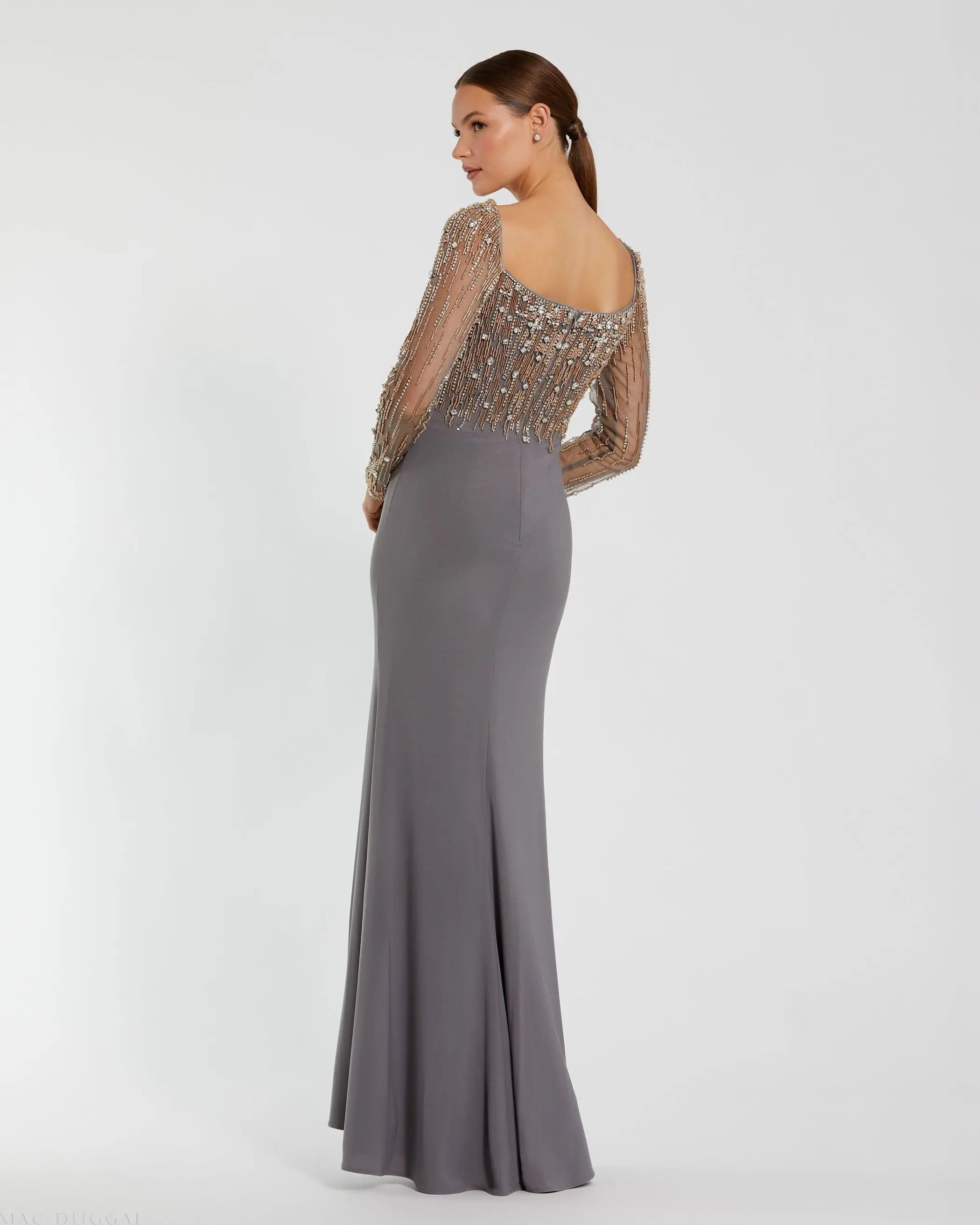 Gray Beaded Square Neck Long Sleeve Jersey Gown-Myartka