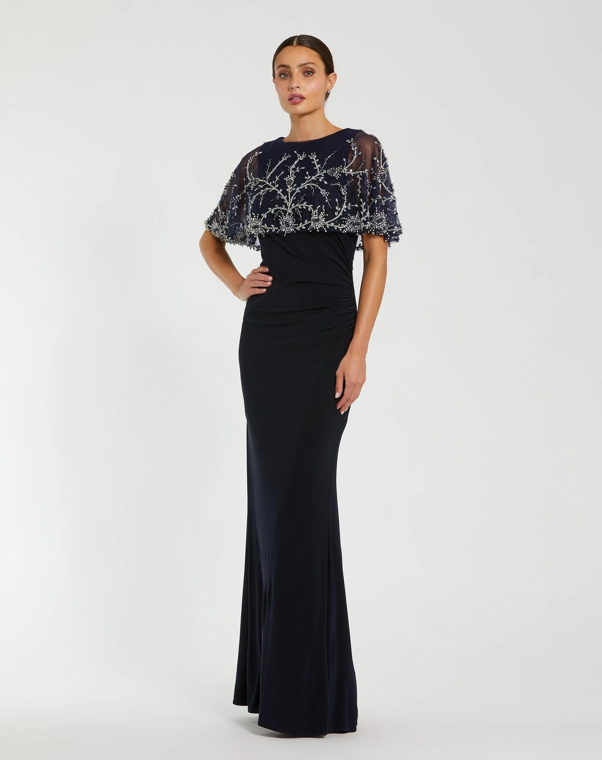 Navy Fitted Jersey Gown with Embellished Cape-Myartka
