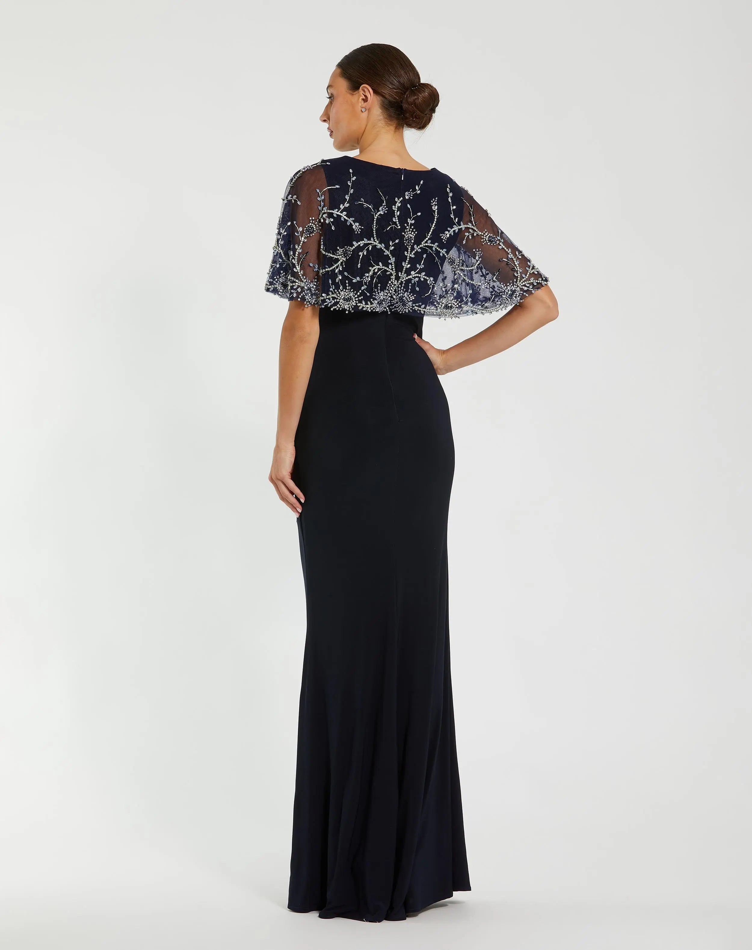 Navy Fitted Jersey Gown with Embellished Cape-Myartka