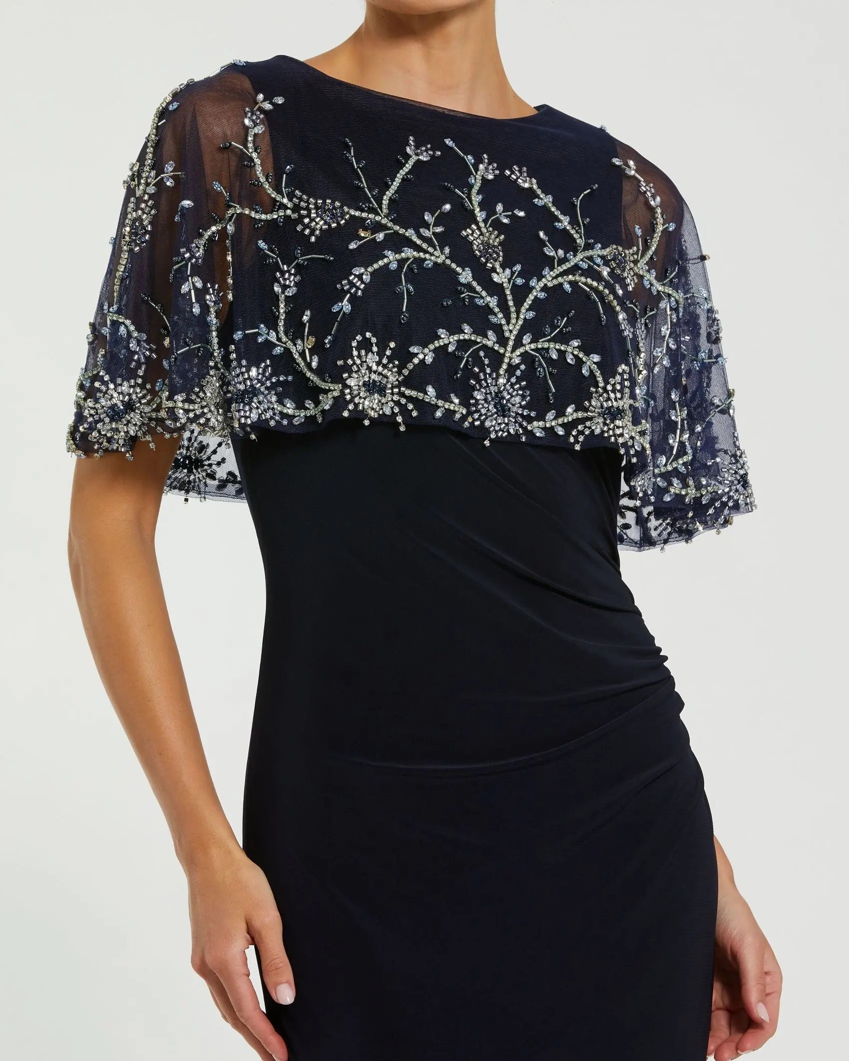 Navy Fitted Jersey Gown with Embellished Cape-Myartka