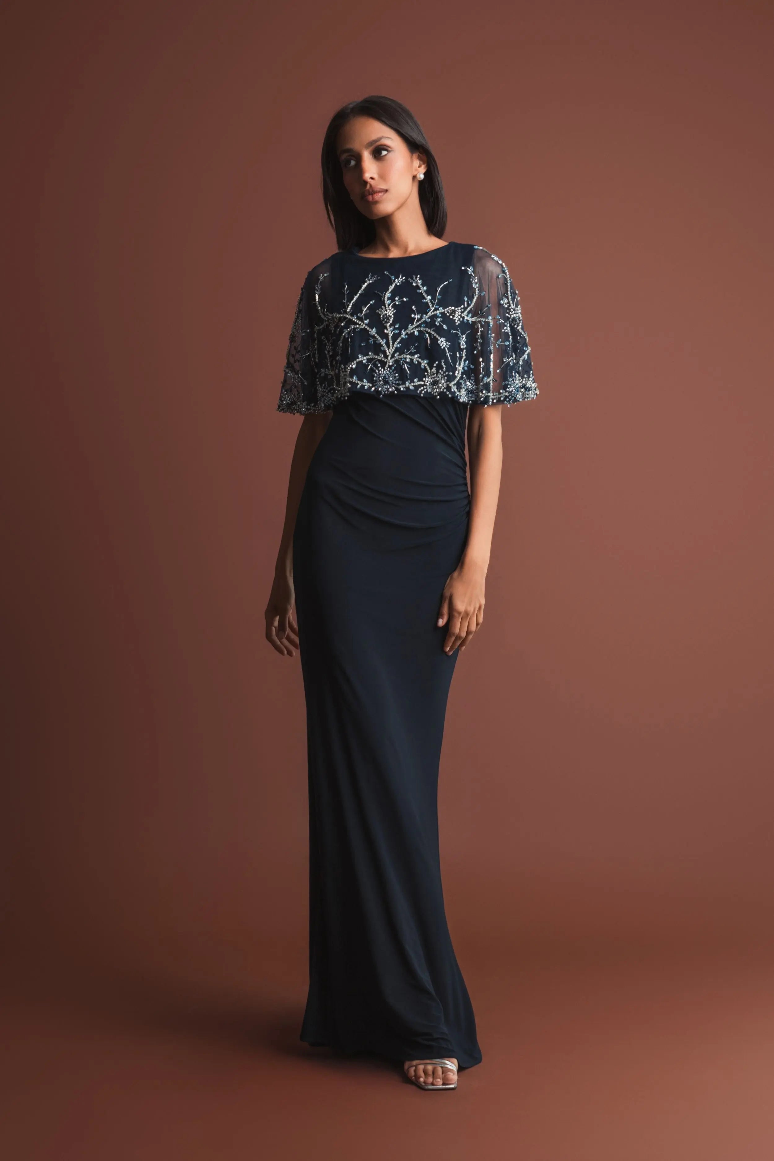 Navy Fitted Jersey Gown with Embellished Cape-Myartka