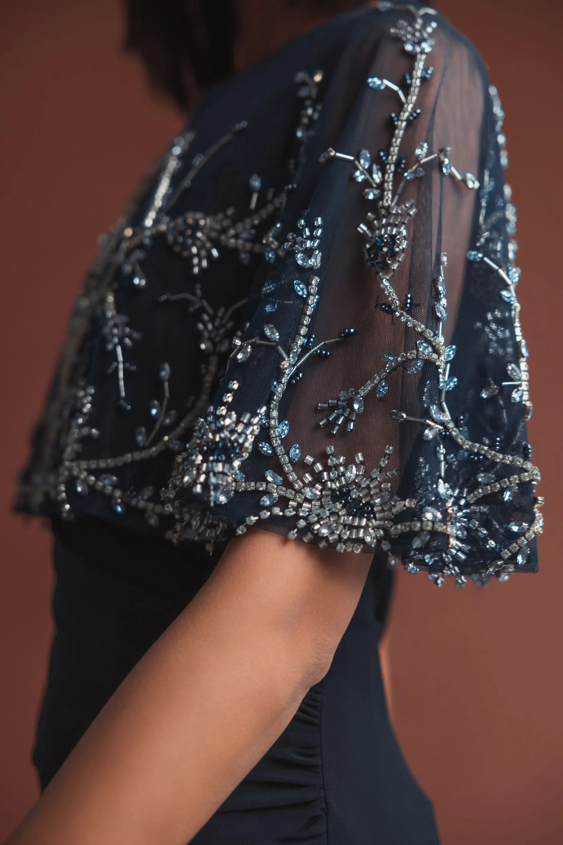 Navy Fitted Jersey Gown with Embellished Cape-Myartka