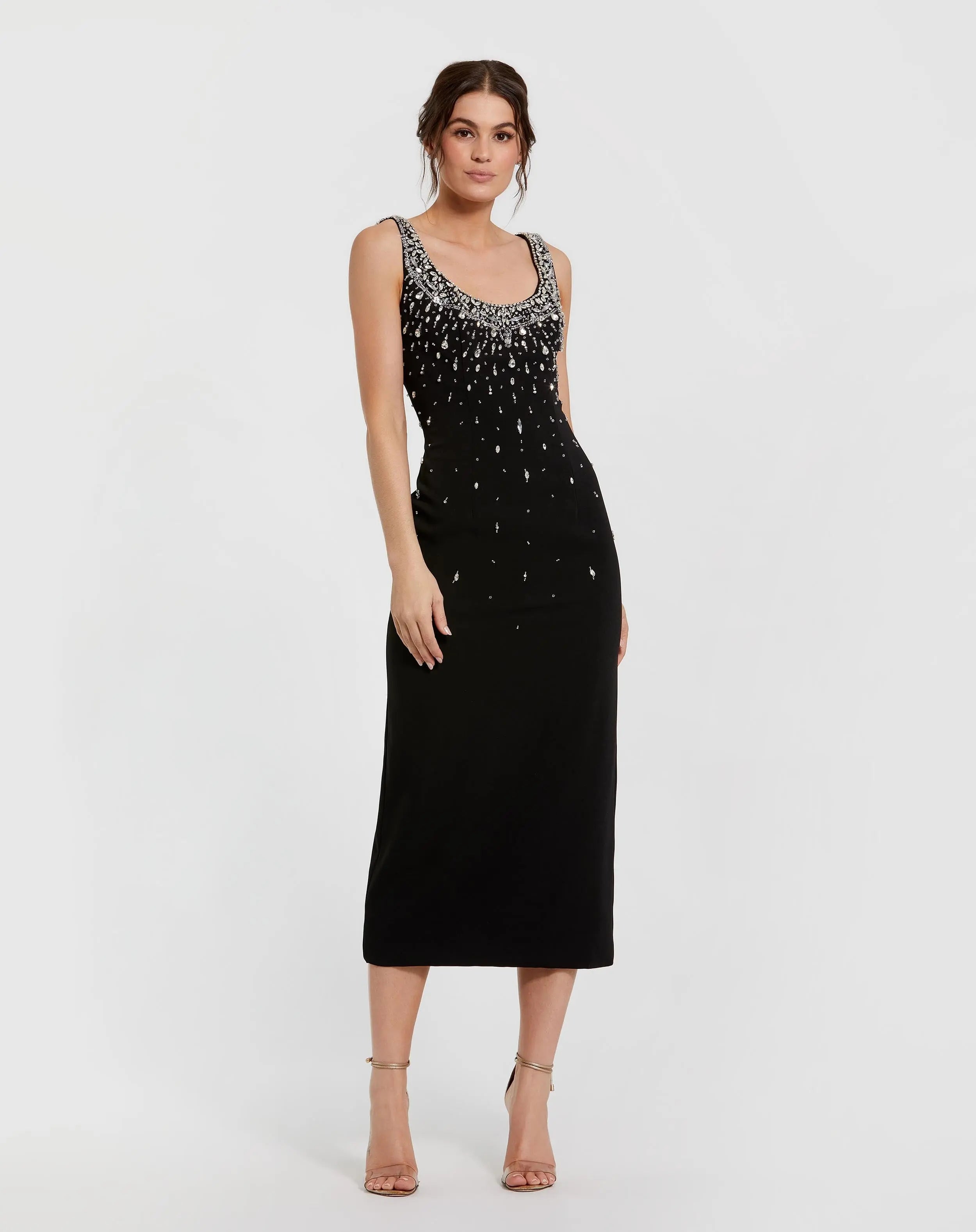 Black Beaded Crepe Scoop Neck Sleeveless Midi Dress-Myartka